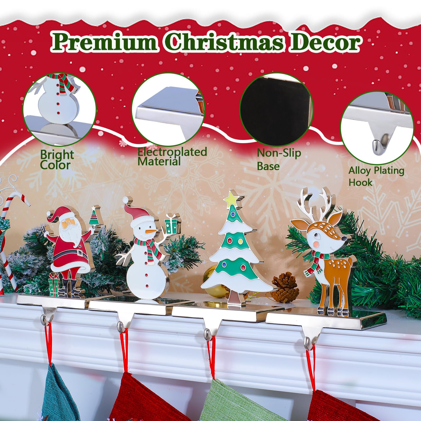Premium Metal Christmas Stocking Holders - Set of 4 Silver Stocking Hangers for Fireplace Mantel Decor | Holiday Home Decoration & Gift Hanging