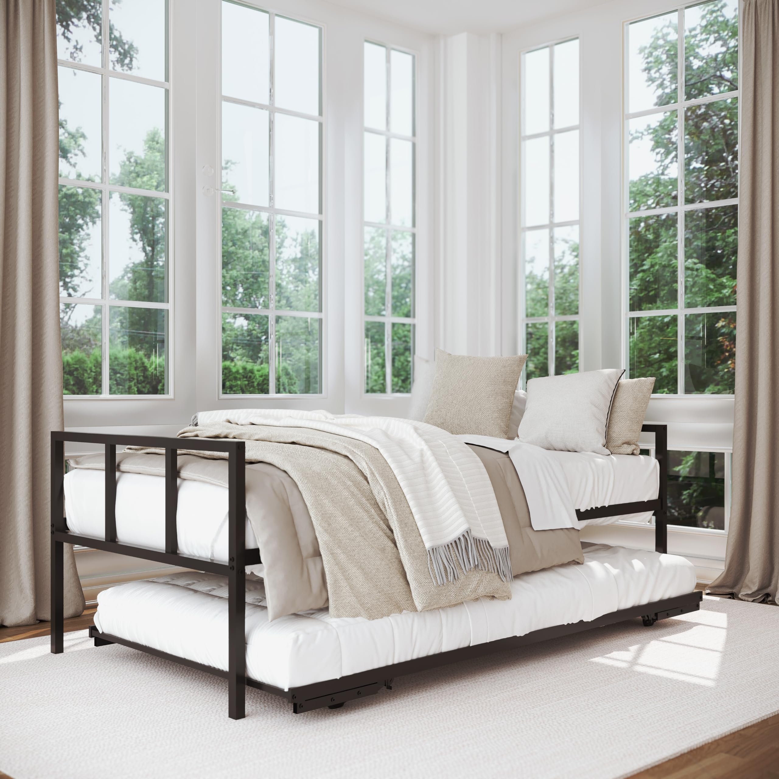 Milliard Twin Size Daybed with Fold-Up Trundle - Black Metal Frame Bed for Guest Room & Small Spaces (Mattress Not Included) - Perfect for Sleepovers, Dorm Rooms & Home Offices