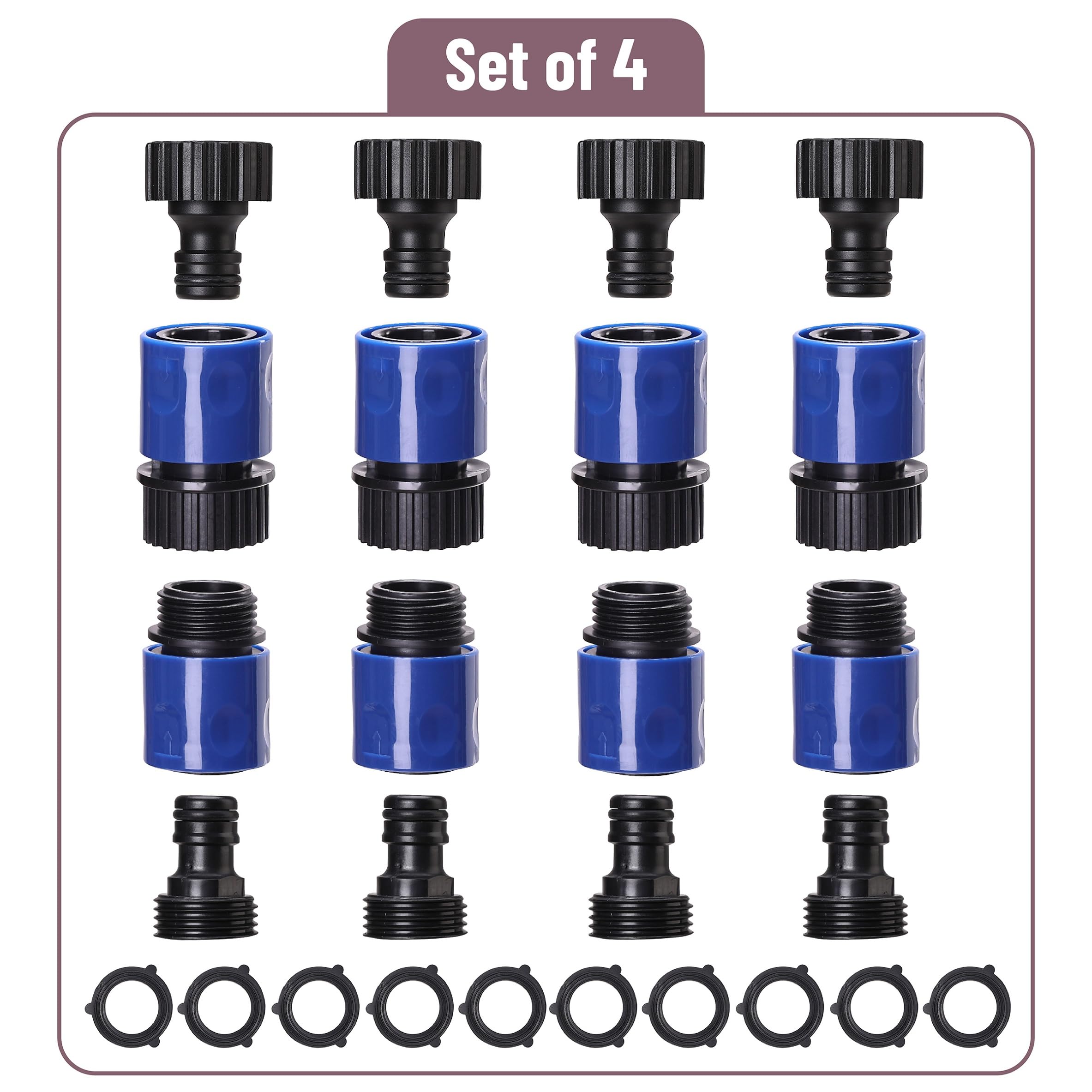 Bates 3/4 Inch Garden Hose Quick Connectors Set of 4 - Male & Female Plastic Water Hose Fittings with Quick Release for Easy Irrigation, Lawn Watering & Outdoor Cleaning