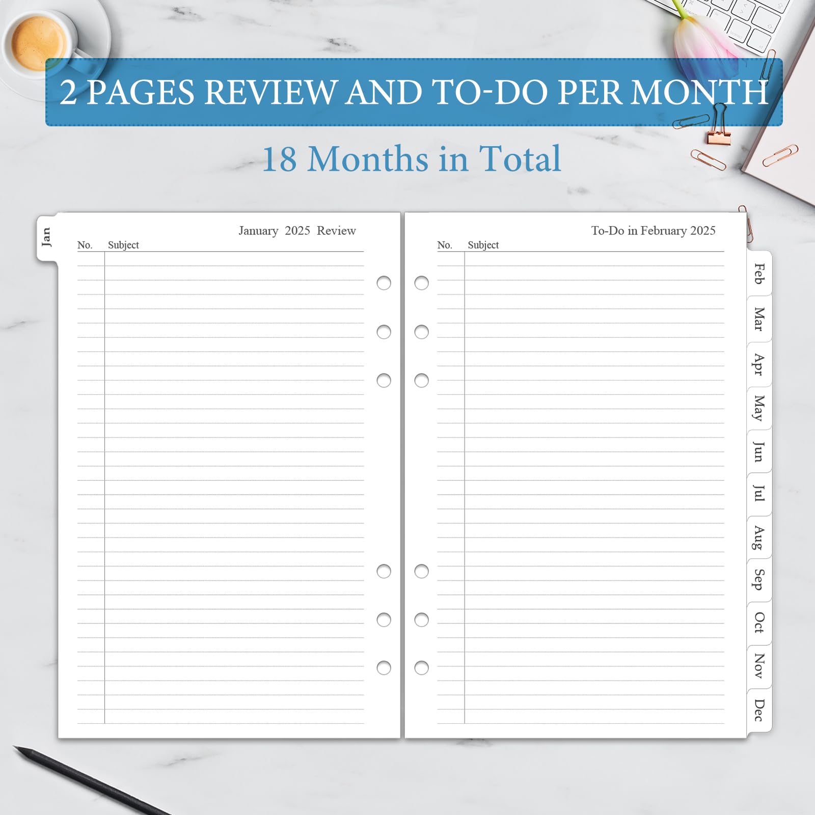 2025 Monthly Planner Refill - A5 6-Hole Planner Inserts with 12 Monthly Calendars & Tabs (5.5