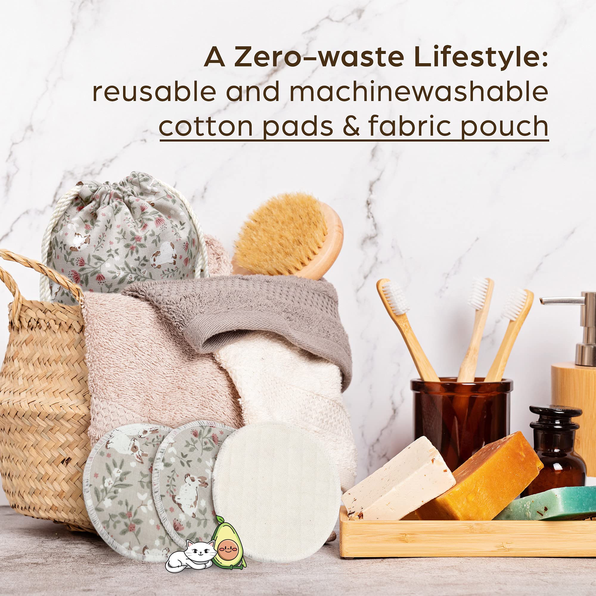 AVO Handmade Organic Cotton Reusable Makeup Remover Pads & Facial Rounds with Quilted Fabric Pouch - Eco-Friendly Beauty Essentials for Daily Skincare & Travel (Rabbit Design)