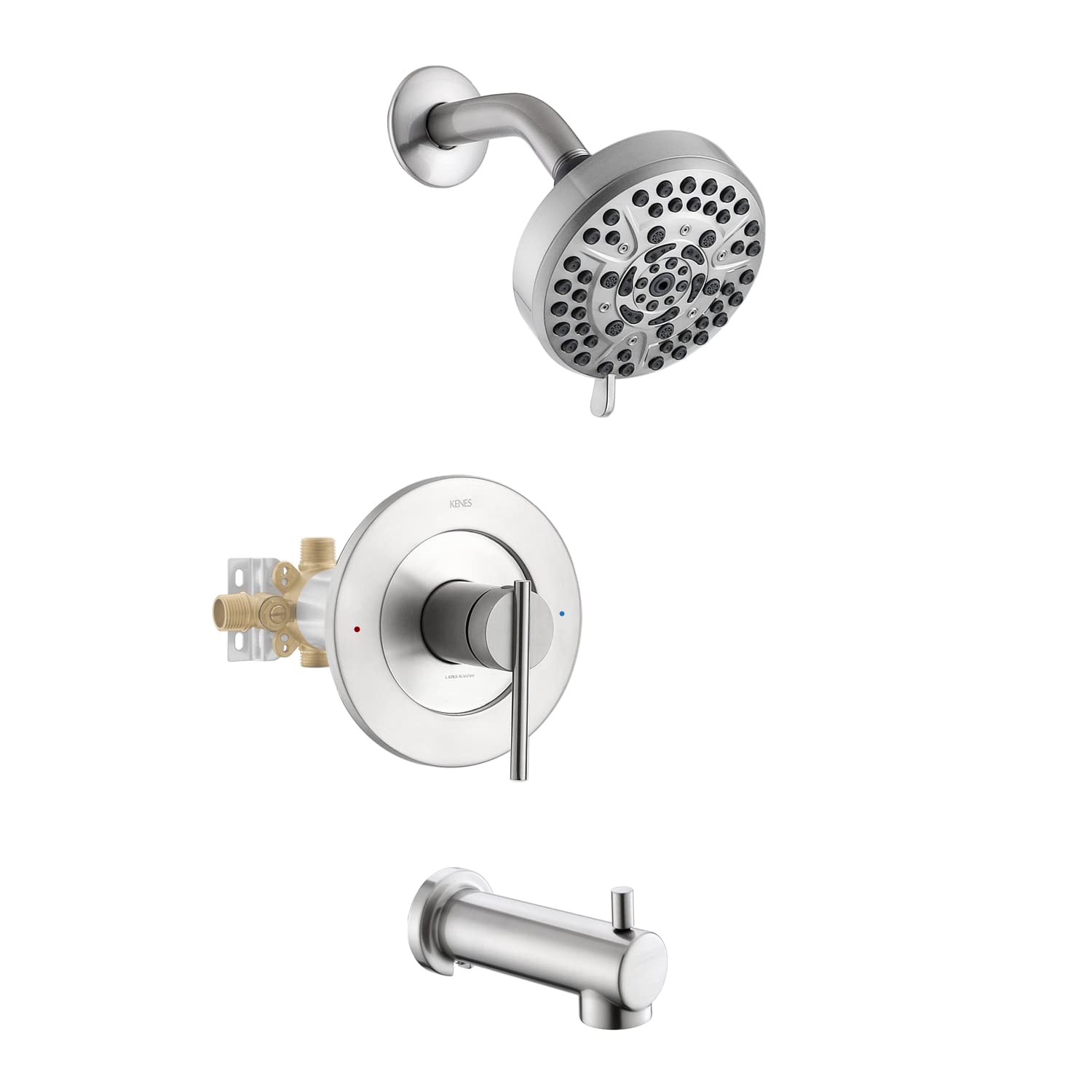 Kenes Brushed Nickel Single Handle Tub and Shower Trim Kit - Modern 10-Spray Shower Faucet with Wall Mount System (Includes Shower Valve) - Perfect for Bathroom Renovation, Spa-Like Shower Experience & Luxury Home Upgrade