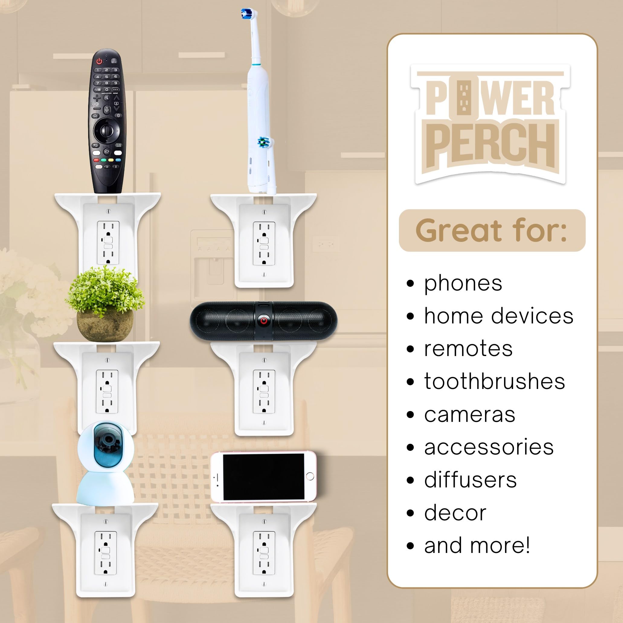 Power Perch Wall Outlet Shelf for Vertical Outlets - Cord Organizer with Velcro Strap | Perfect for Alexa Devices, WiFi Router Stand, Electric Toothbrush Holder | White Wall Shelf (1 Pack) | Ideal for Small Space Organization in Kitchen, Bathroom or Office