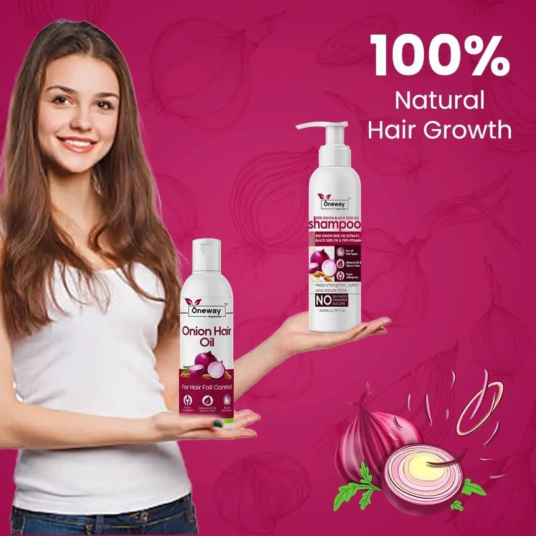 Oneway Happiness Onion Hair Oil for Hair Growth & Fall Control - 200ml Natural Hair Treatment for Strong, Healthy Hair | Cruelty-Free, Vegan & Paraben-Free | Promotes Thicker Hair & Scalp Health (Great for Daily Hair Care & Damaged Hair Repair)