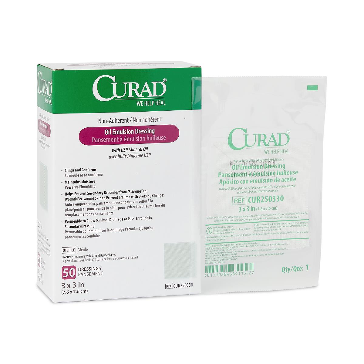 Curad Dressing Gauze Oil Emulsion Pads - Sterile Wound Care Bandages (4x4, 2x2, 3x3 Inches) - For First Aid Kits, Burns, Cuts & Post-Surgical Wound Protection