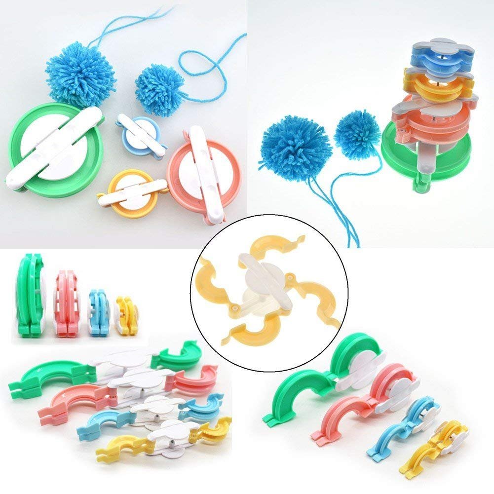 Pom Pom Maker Kit with 4 Pompom Makers, 12 Acrylic Yarn Skeins, 10 Knitting Stitch Markers, 10 Plastic Needles & Scissors - DIY Craft Supplies for Knitting, Crochet, Home Decor & Gift Making