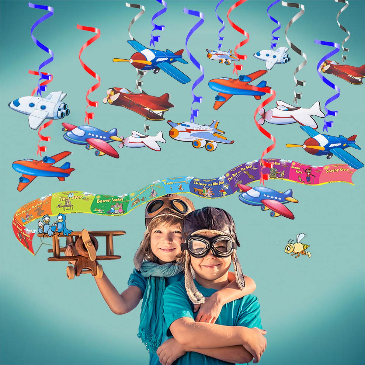 Silver Glitter Airplane Aviator Themed Birthday Party Decorations - 30ct Hanging Airplane Swirls, Foil Balloons & Happy Birthday Banner for Aviation Theme Parties | Perfect for Kids' Birthday, Baby Shower & Aviation Enthusiast Celebrations