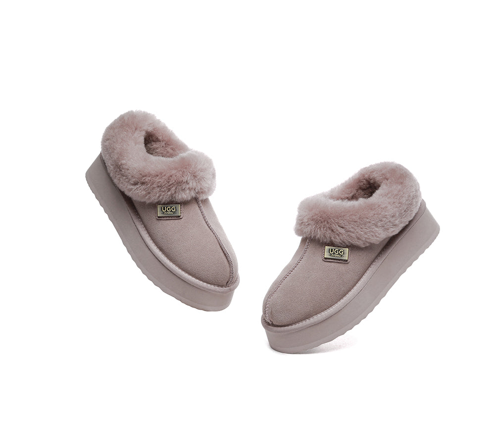 UGG EVERAU® Women's Sheepskin Wool Collar Ankle Slippers with Platform - Cozy House Shoes for Winter Indoor/Outdoor Wear