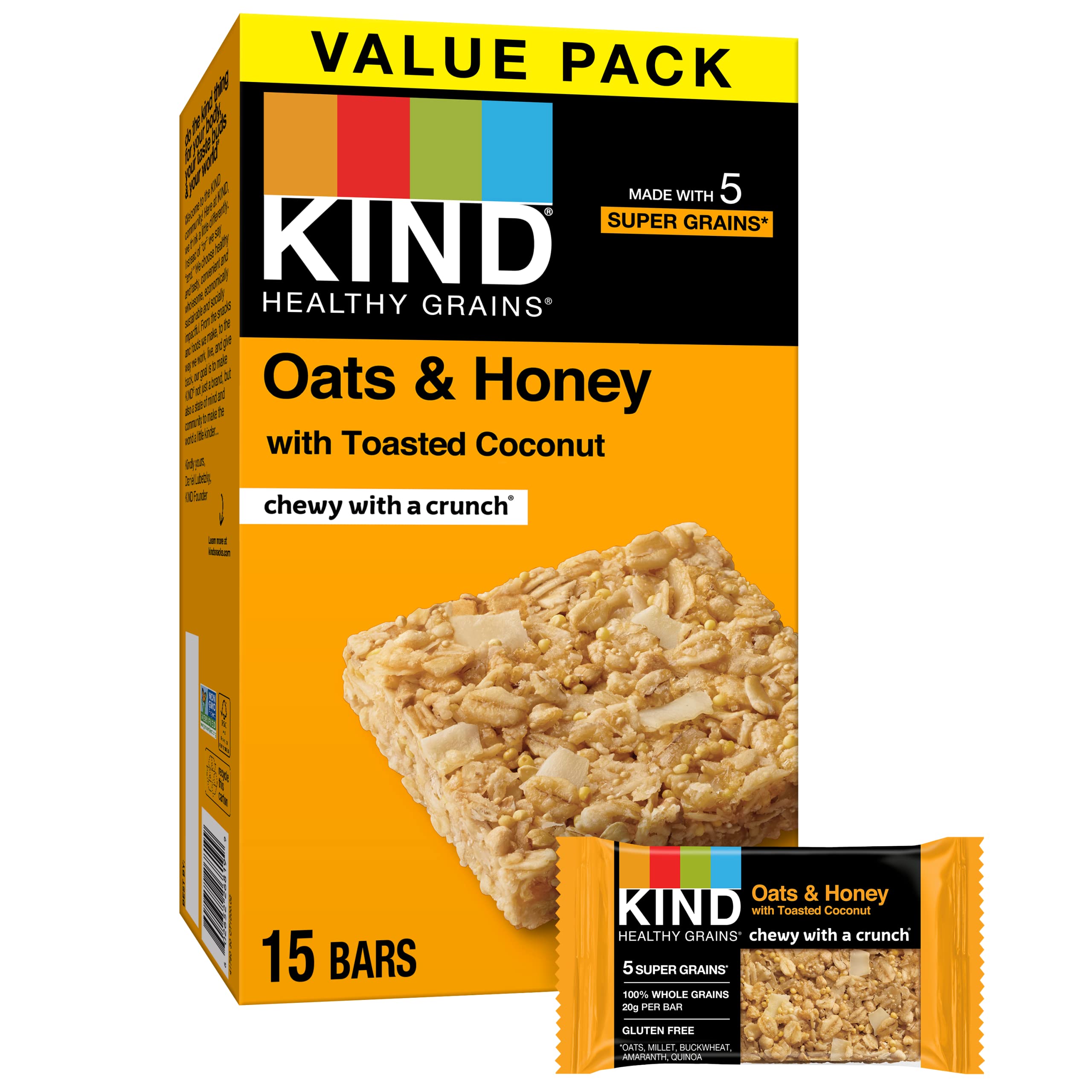 KIND Healthy Grains Bars - Gluten Free Oats & Honey with Toasted Coconut (60 Count, 1.2 oz) - Perfect for Breakfast, Snacks & On-the-Go Nutrition