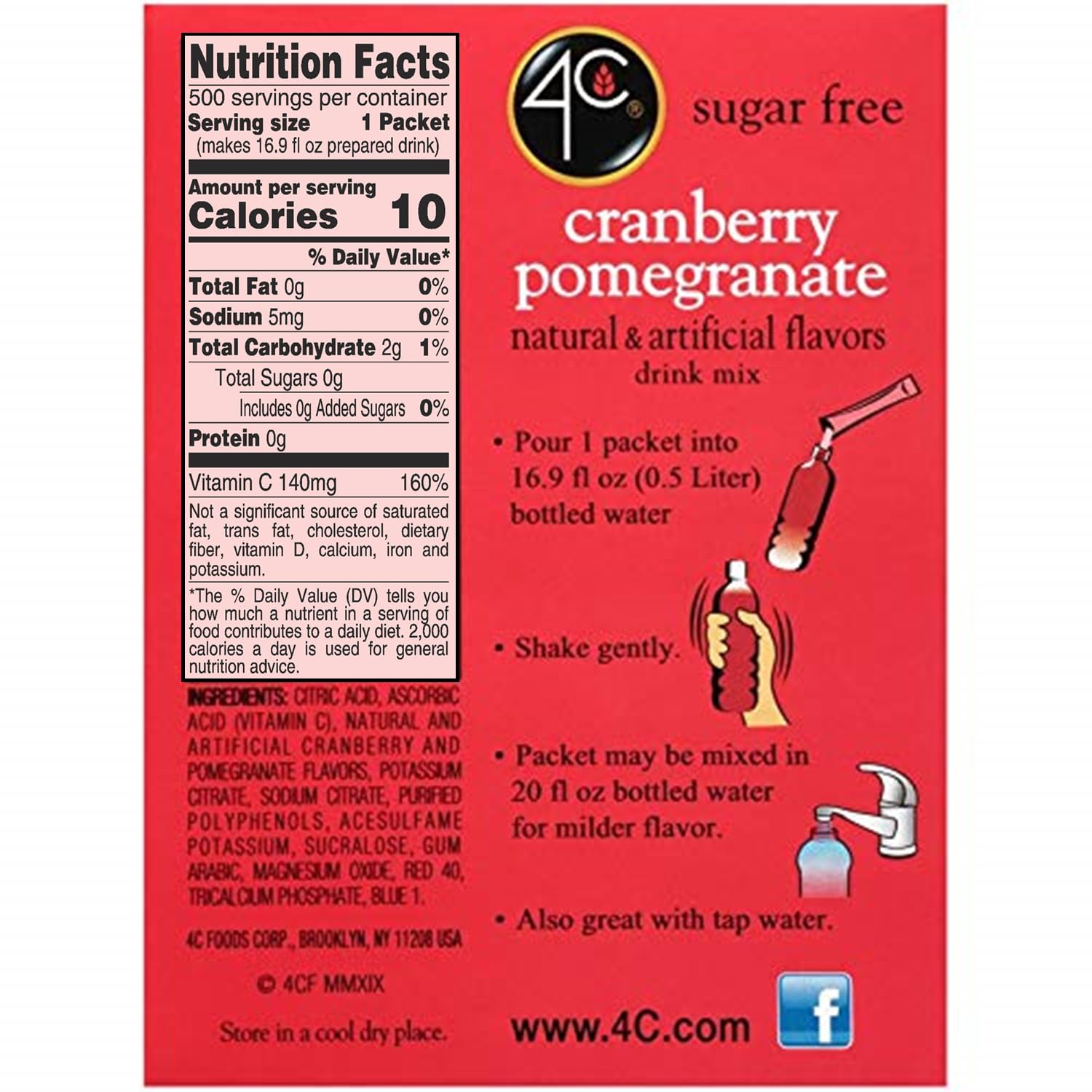 4C Powder Drink Stix, Cranberry Pomegranate Flavor - 500 Count Bulk Pack | Sugar-Free Water Enhancer for Hydration | Perfect for Gym, Office, Travel & Outdoor Activities