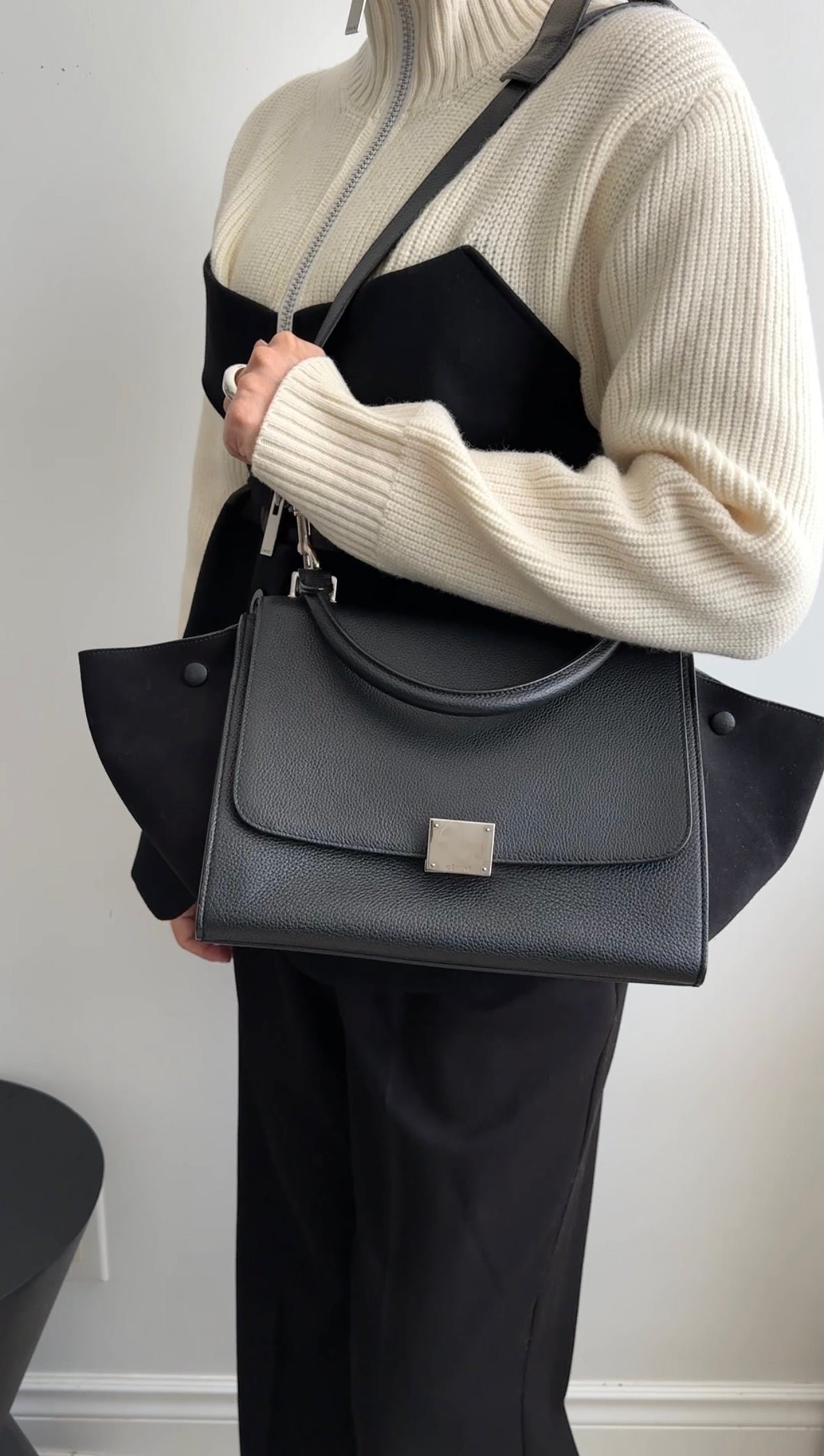 Celine Small Black Leather & Suede Trapeze Handbag for Women | Luxury Crossbody Purse for Work, Travel & Evening Out