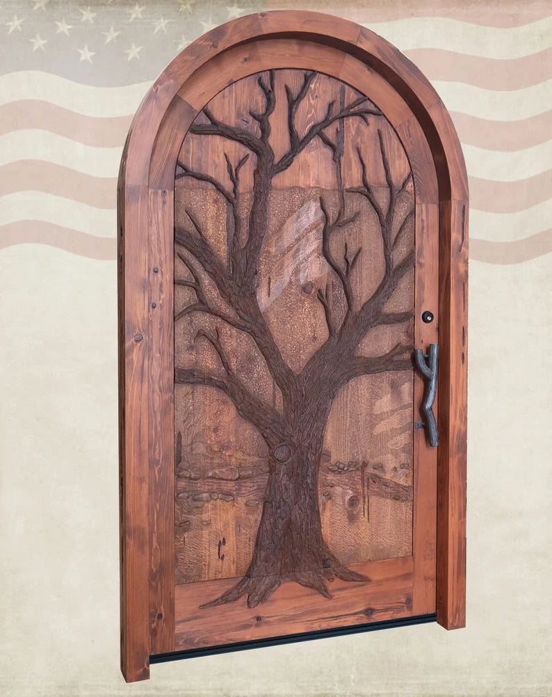 Hand Carved Tree of Life Sun Moon Wooden Door - Custom Made Interior & Exterior Solid Wood Entry Door for Home, Bedroom, Patio & Garden Decor