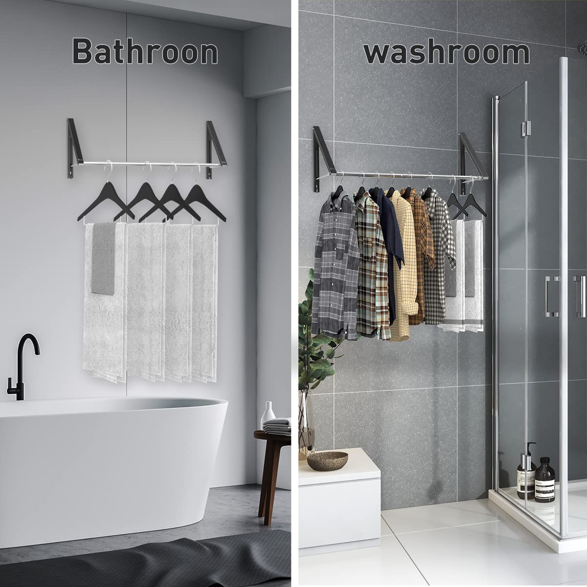 Foldable Wall Mounted Retractable Clothes Drying Rack - Space Saving Aluminum Laundry Hanger with 2 Rods for Closet, Bathroom & Small Apartment Storage Organization (Black) - Perfect for Drying Clothes, Towels & Organizing Laundry Rooms