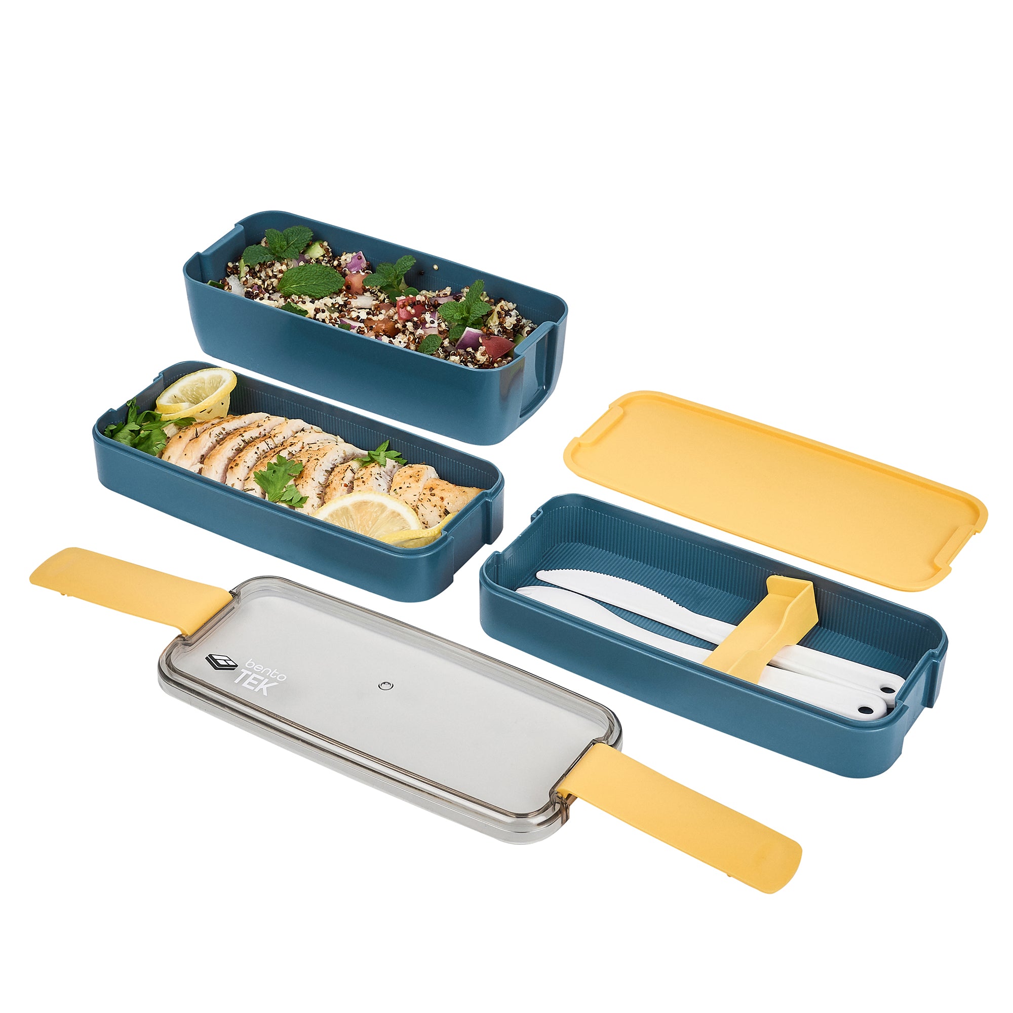 Bento Tek 30 oz 3-in-1 Lunch Box Set - BPA Free, Microwave Safe, Leak Proof with Fork & Knife - Blue & Yellow (7.5