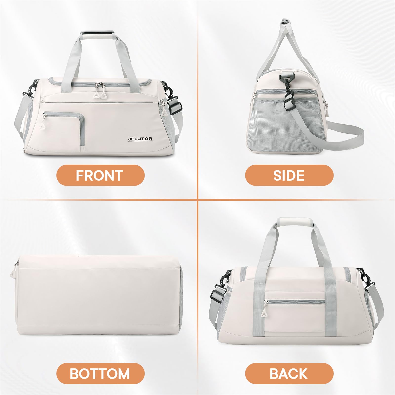 JELUTAR Women's Gym Duffle Bag - Small Carry On Travel Tote with Shoe Compartment & Waterproof Pocket - Perfect for Workout, Weekend Trips & Airplane Personal Item (Beige)
