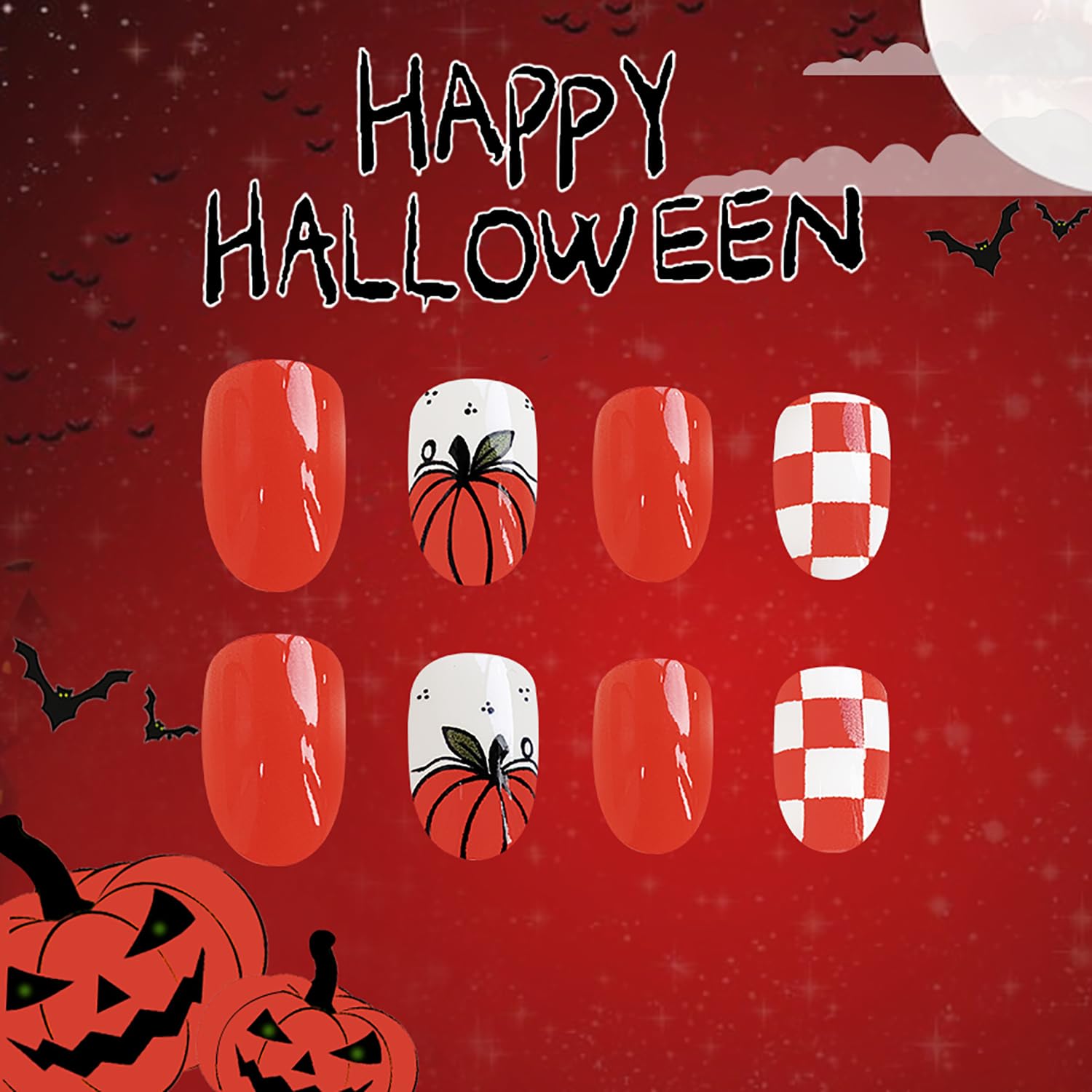 24Pcs Halloween Press on Nails Short Square - Red & White Pumpkin Design Acrylic Fake Nails for Women | Glossy Full Cover Artificial Nails | Perfect for Halloween Parties, Cosplay & Daily Wear