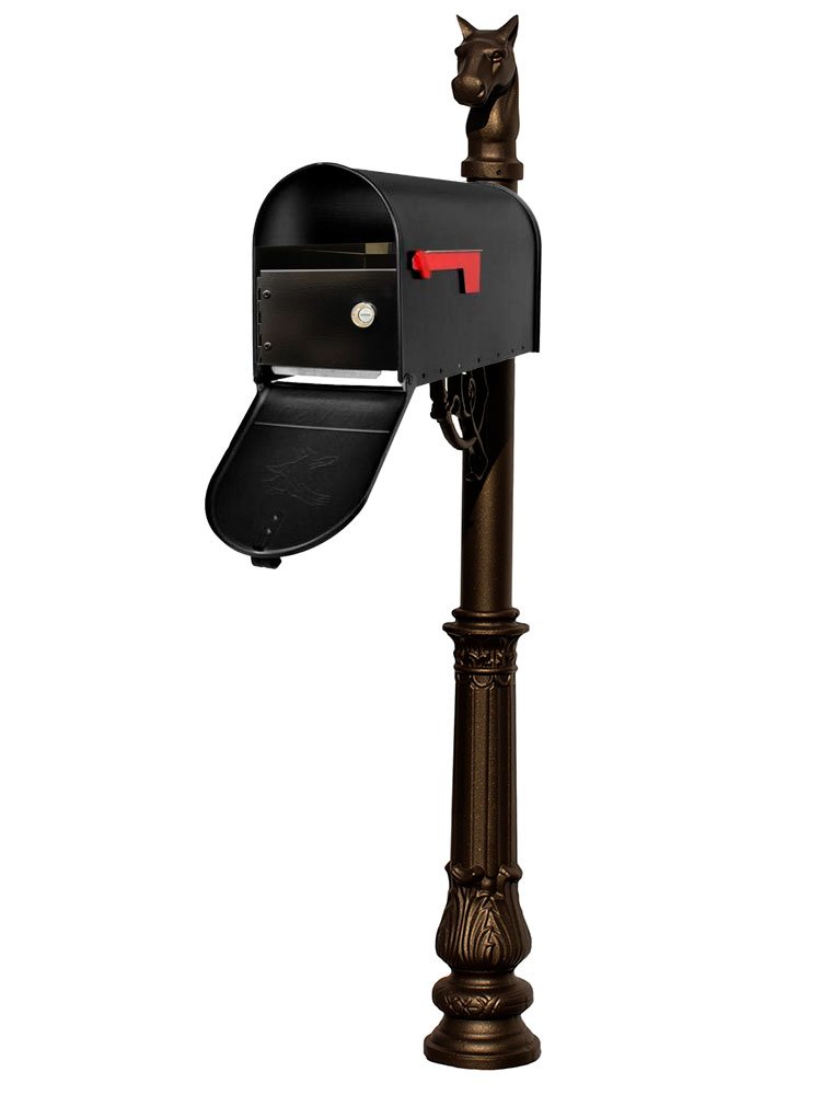 E1 Economy Mailbox Locking Insert System with Ornate Base & Horsehead Finial in Bronze - Secure Mail Protection for Homes & Businesses