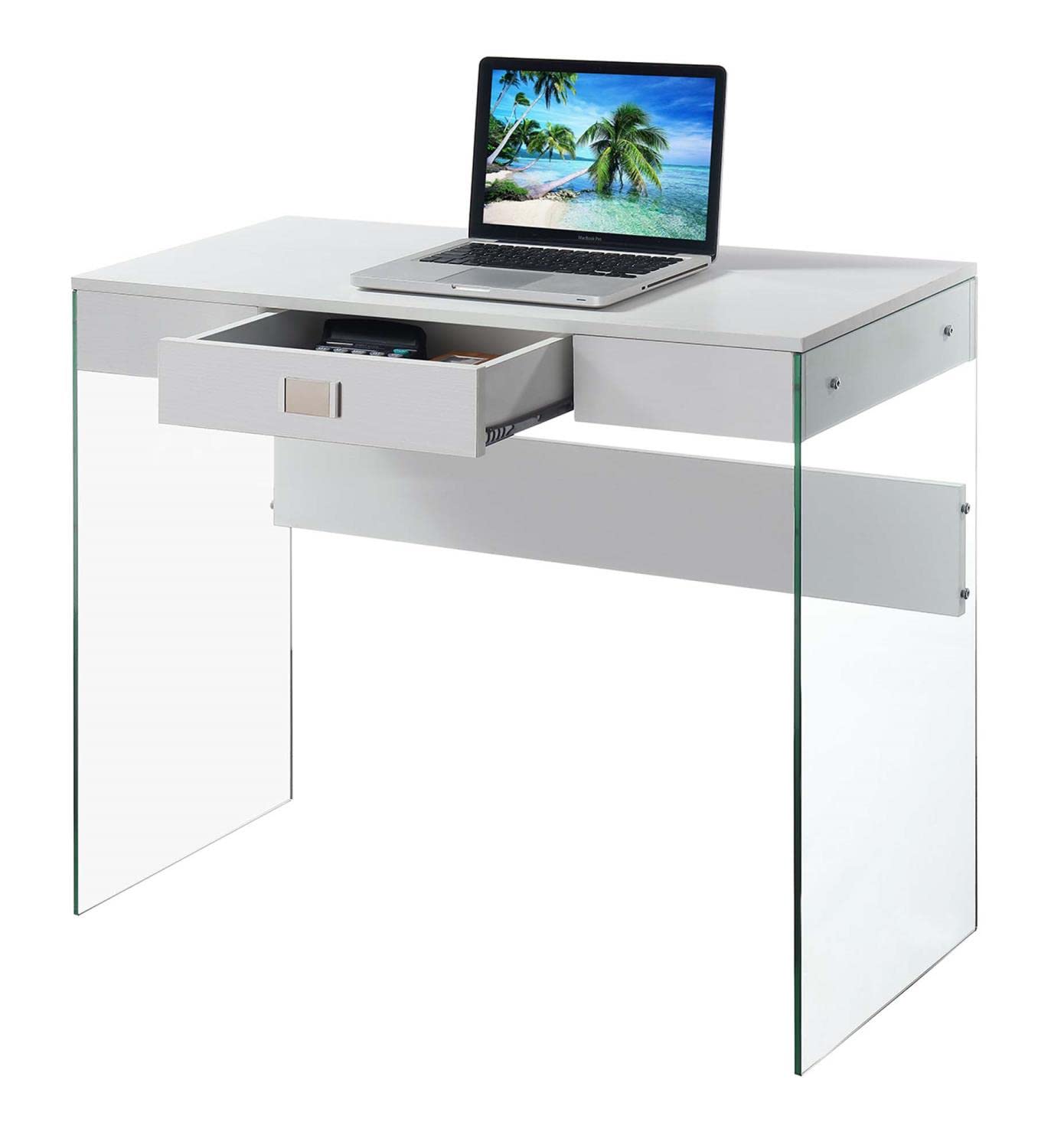 Convenience Concepts SoHo 36-inch White Glass Desk with 1 Drawer - Perfect for Home Office, Study Room & Small Workspace