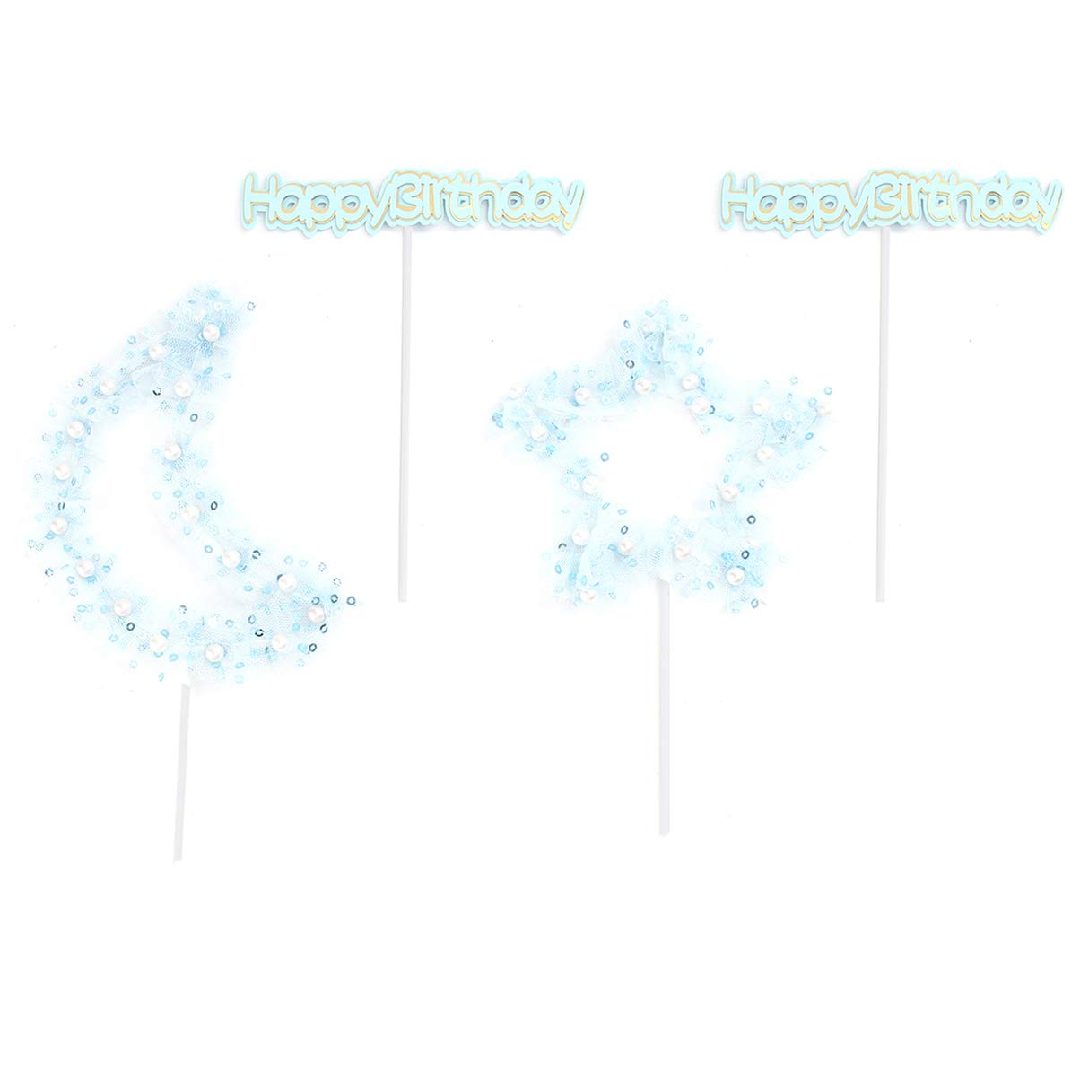 PRETYZOOM 4-Piece Happy Birthday Cake Toppers Set - Moon & Star Cupcake Picks with Pearl Accents for Birthday Parties, Weddings, Baby Showers & Special Events | Elegant Cake Decorations for Desserts & Celebration Cakes