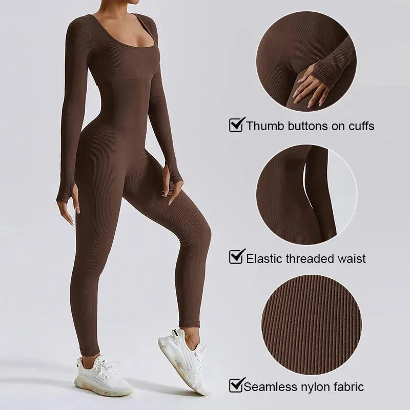 Women's Ribbed Long Sleeve Yoga Jumpsuit - Square Neck Workout Romper Bodysuit for Gym, Pilates & Home Exercise | Comfortable Sportswear for Women's Fitness & Active Lifestyle