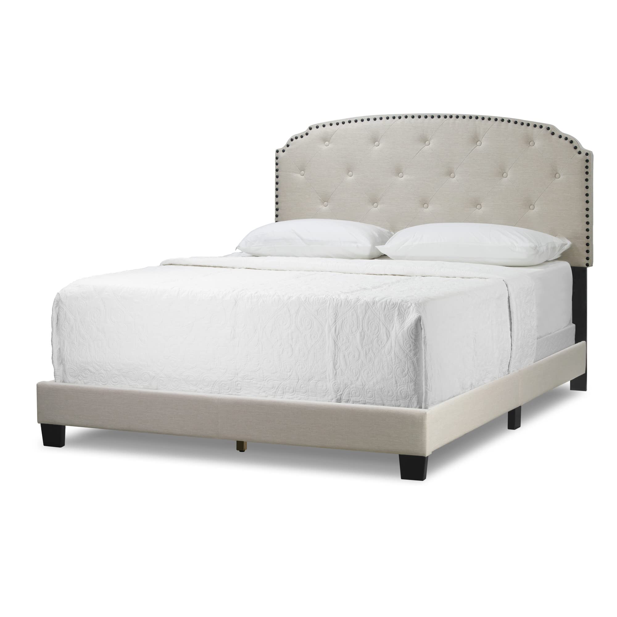 Arin Beige Fabric Queen Size Bed Frame with Button Tufted Headboard and Black Nailhead Trim - Perfect for Modern Bedroom Decor and Master Suite Upgrade