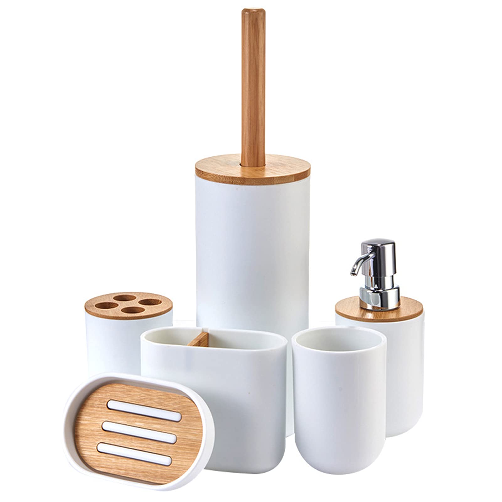 Premium 6-Piece Bamboo Bathroom Accessory Set - Eco-Friendly Toilet Brush Holder, Soap Dish, Toothbrush Cup, Lotion Dispenser & Waste Bin | Modern White Bath Decor for Home, Apartment & Guest Bathroom Organization
