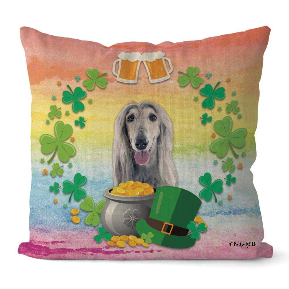 Happy St. Patrick's Day Shamrock Clover Dog Throw Pillow Cover - 18x18 Inch Square Cotton Linen Cushion Case with Leprechaun, Afghan Hound, Gold Pot & Beer Design - Perfect for Home Decor, Couch, Sofa & Seasonal Celebrations