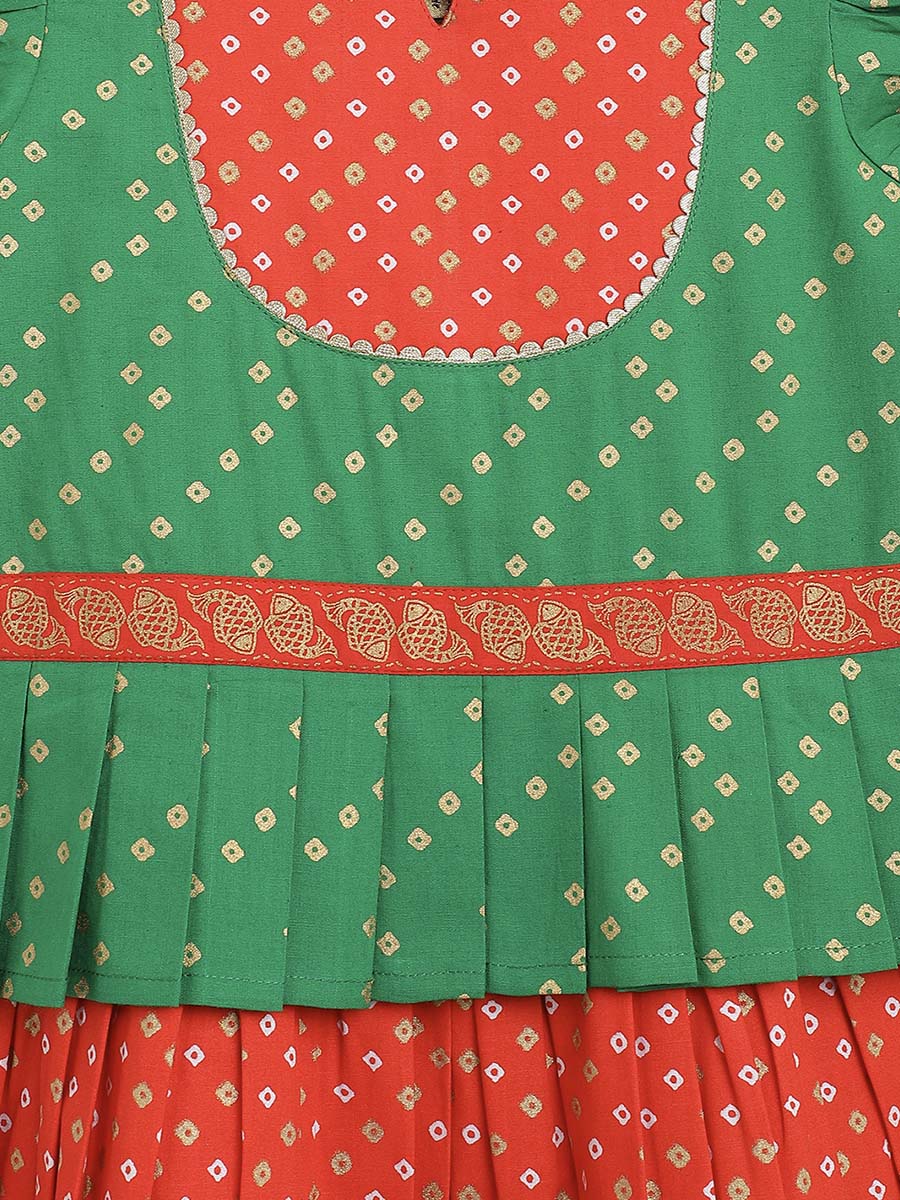 Girl's Green Bandhani Pattu Pavadai Traditional Indian Skirt for Festivals & Weddings | Perfect for Kids' Cultural Events & Special Occasions