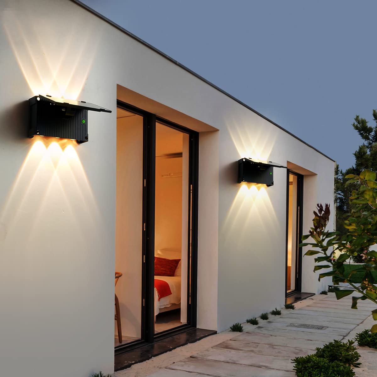 Solar Powered Outdoor Wall Lights - 2 Pack IP65 Waterproof Up/Down Lighting for Garden, Yard, Pathway - Black Small Solar Lights for Patio, Deck, Fence & Landscape Lighting