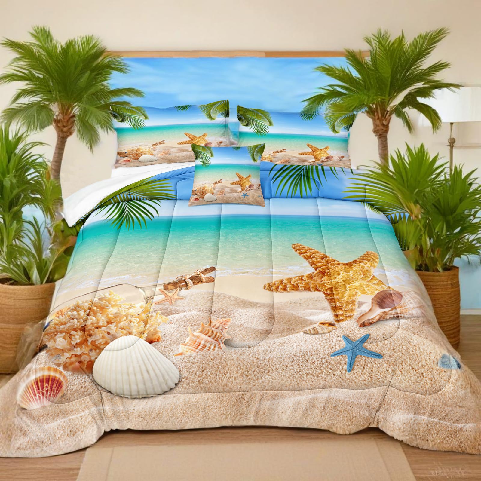Ocean Beach Themed Queen Size Bedding Set - Tropical Palm Tree Comforter with Conch & Starfish Print | Coastal Style Summer Bedding for Beach House, Vacation Rental & Coastal Decor