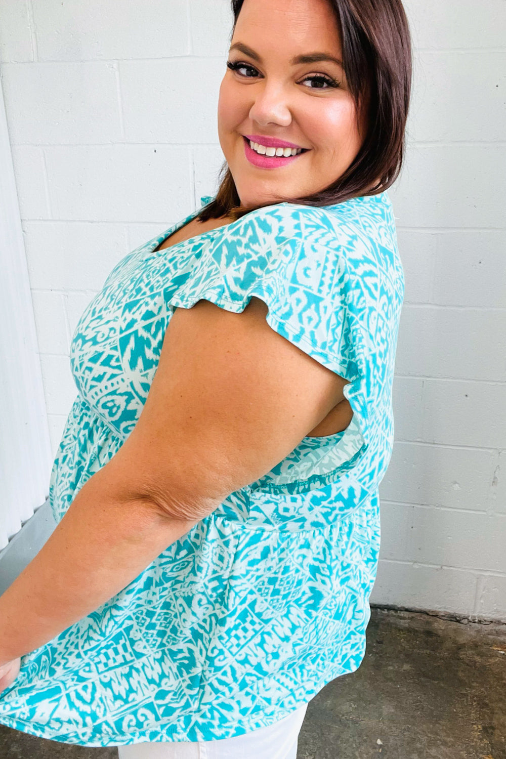 Aqua Blue Boho Print Ruffle Short Sleeve Babydoll Top - Flowy Summer Blouse for Beach, Music Festivals & Casual Outings