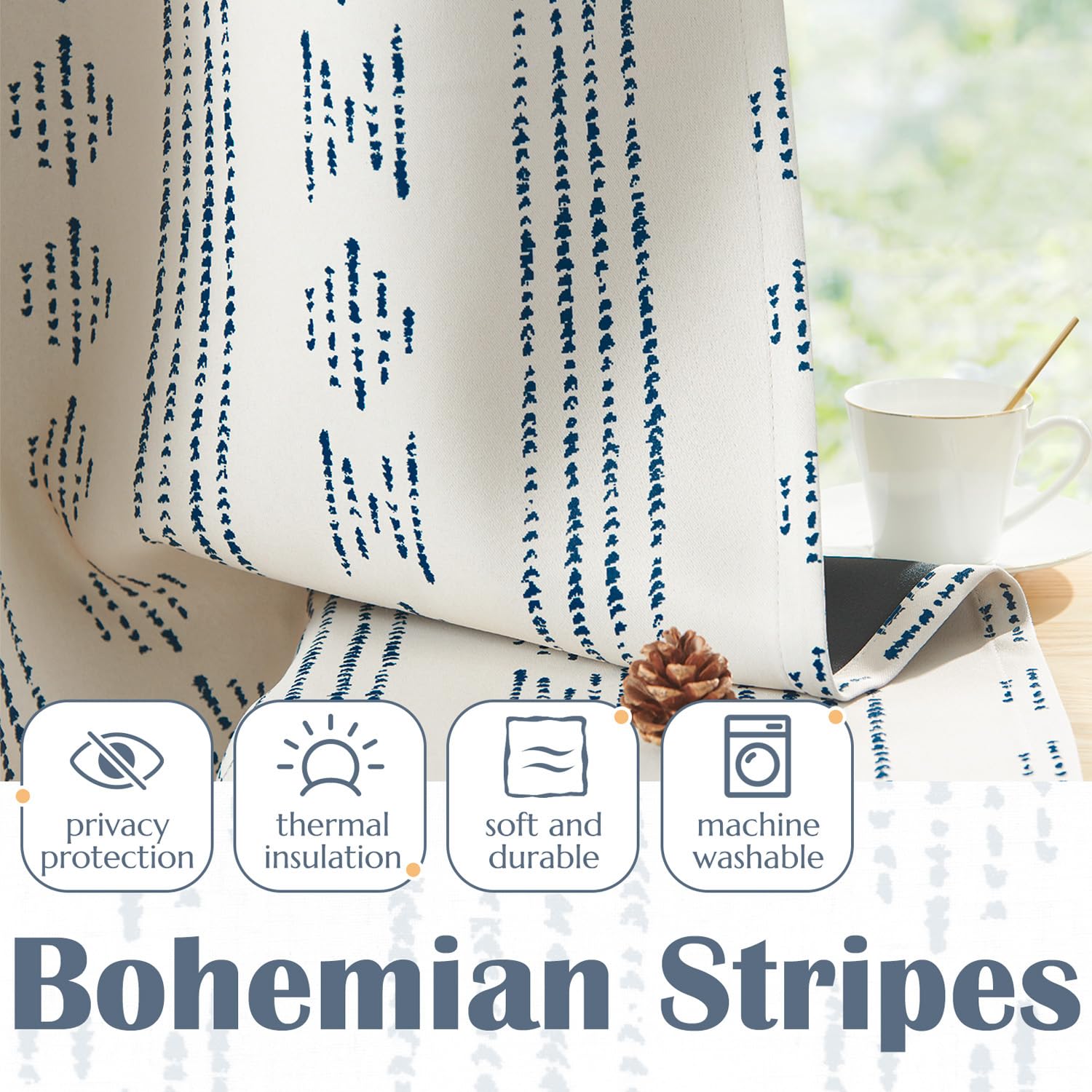 Jinchan 100% Blackout Bohemian Kitchen Curtains 24 Inch - Thermal Insulated Cafe Tier Curtains for Bedroom, RV, Basement - Blue on Beige Drapes for Half Windows | Perfect for Room Darkening & Energy Savings in Boho Style Homes