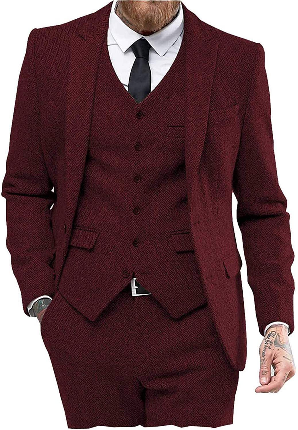 Men's Tweed Herringbone 3-Piece Wedding Suit with Peak Lapel - Formal Tuxedo for Prom, Groom & Special Occasions - Perfect for Weddings, Parties & Black Tie Events