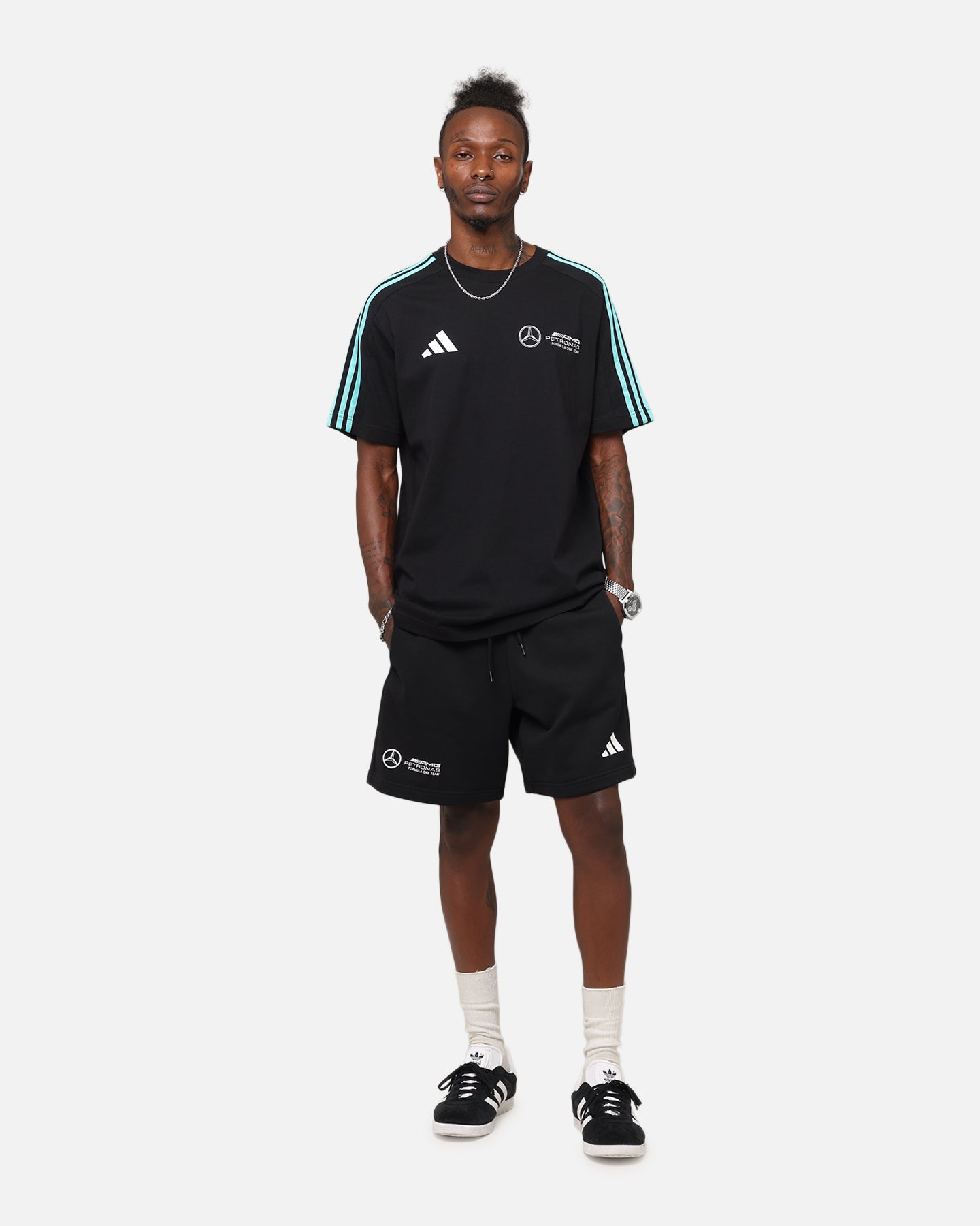 Adidas x Mercedes AMG Petronas Formula One F1 DNA Shorts for Men - Black & White Athletic Running Shorts for Gym, Workout & Casual Wear