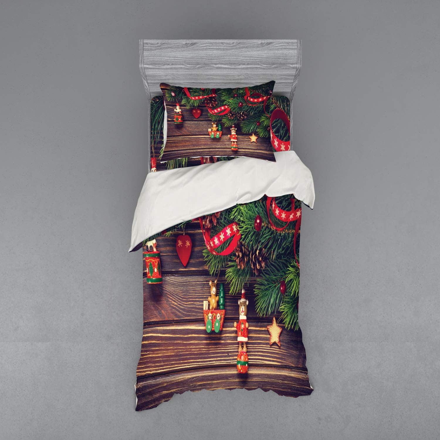 Ambesonne Christmas Duvet Cover Set - Rustic Wooden Backdrop Holiday Theme with Ribbon Print, 3-Piece Bedding Set Includes Sham & Fitted Sheet, Twin Size, Green & Brown - Perfect for Festive Bedroom Decor & Cozy Winter Nights
