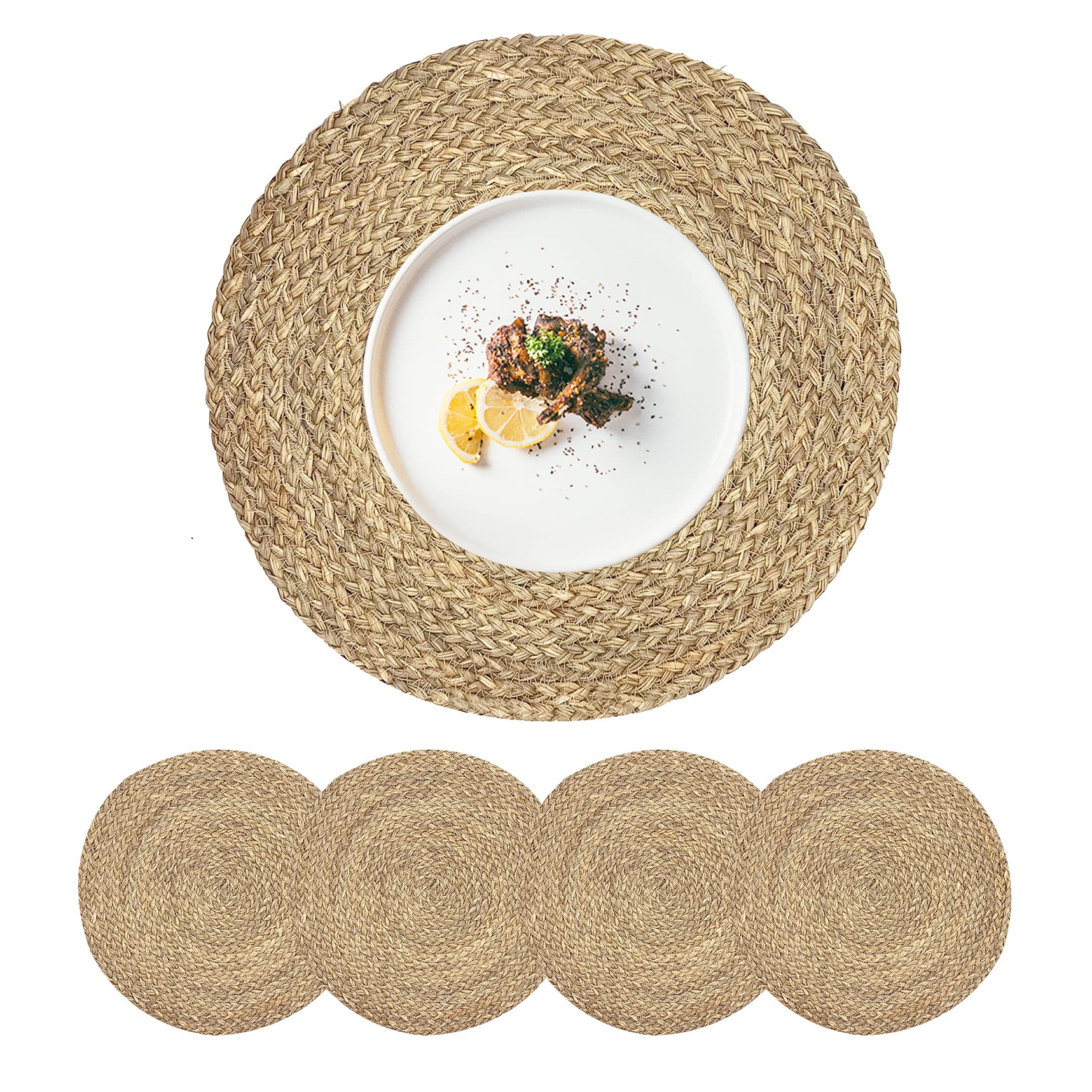 Natural Straw Woven Placemats Set of 6 - 14.17 Inch Round Farmhouse Table Mats for Dining, Indoor & Outdoor Use - Hand Braided Rattan Wicker Place Mats for Rustic Decor, Kitchen, Patio, and Picnic