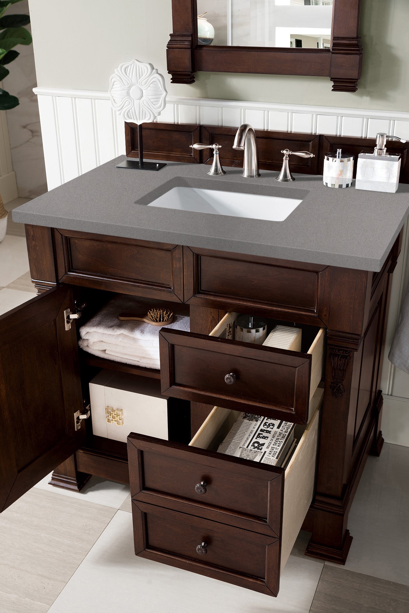 Brookfield 36 Inch Single Bathroom Vanity with Burnished Mahogany Finish & 3CM Gray Expo Quartz Countertop - Perfect for Modern Home, Apartment, and Guest Bathroom Renovations