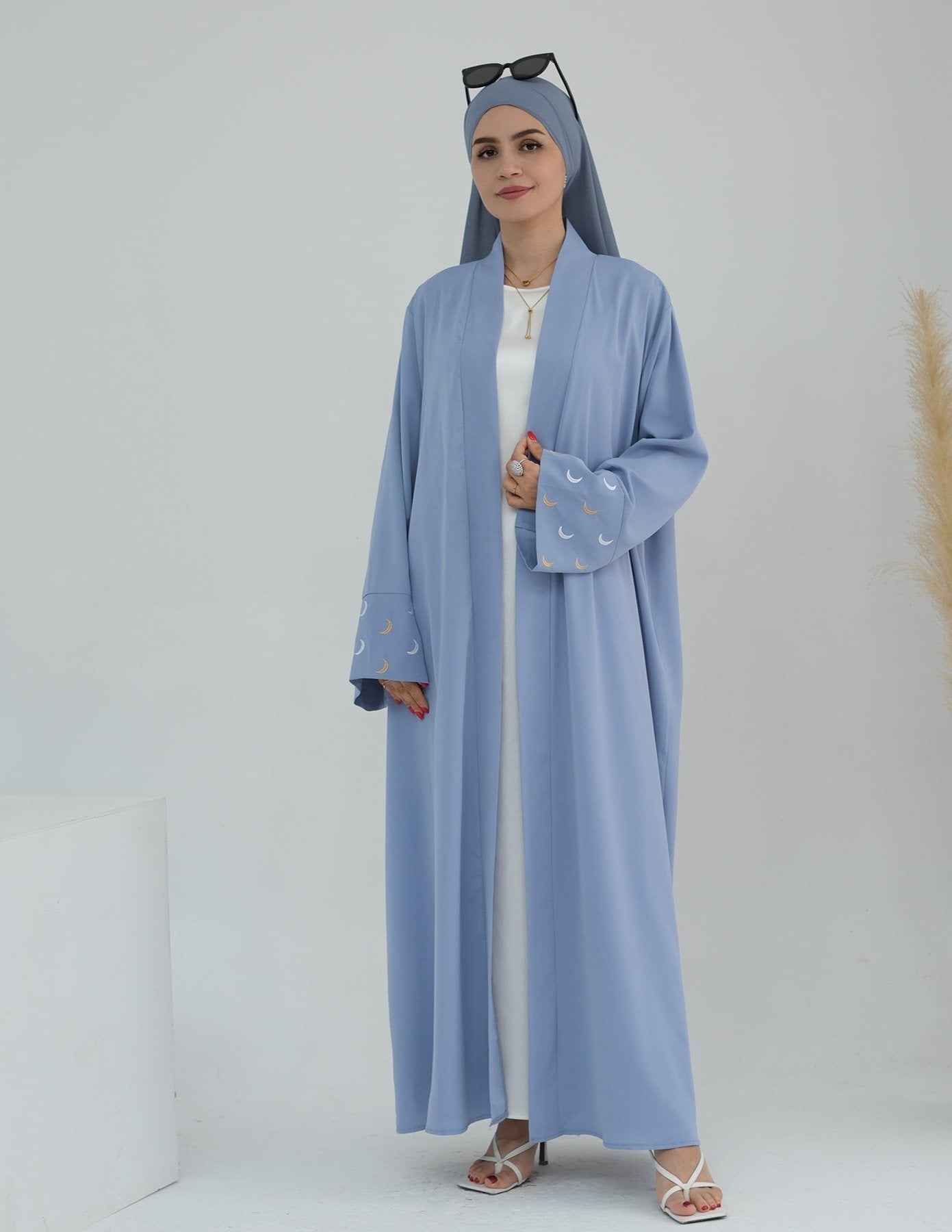 Elegant Muna Open Abaya Kimono in Blue - Modest Muslim Women's Prayer Dress for Home, Mosque & Special Occasions