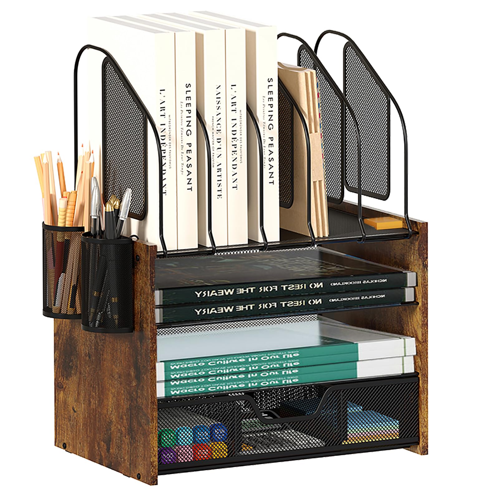 4-Tier Wooden Desk Organizer with Drawer, Paper Tray, Letter Tray & Vertical File Holder - Includes 2 Pencil Holders for Office, Home & School Organization