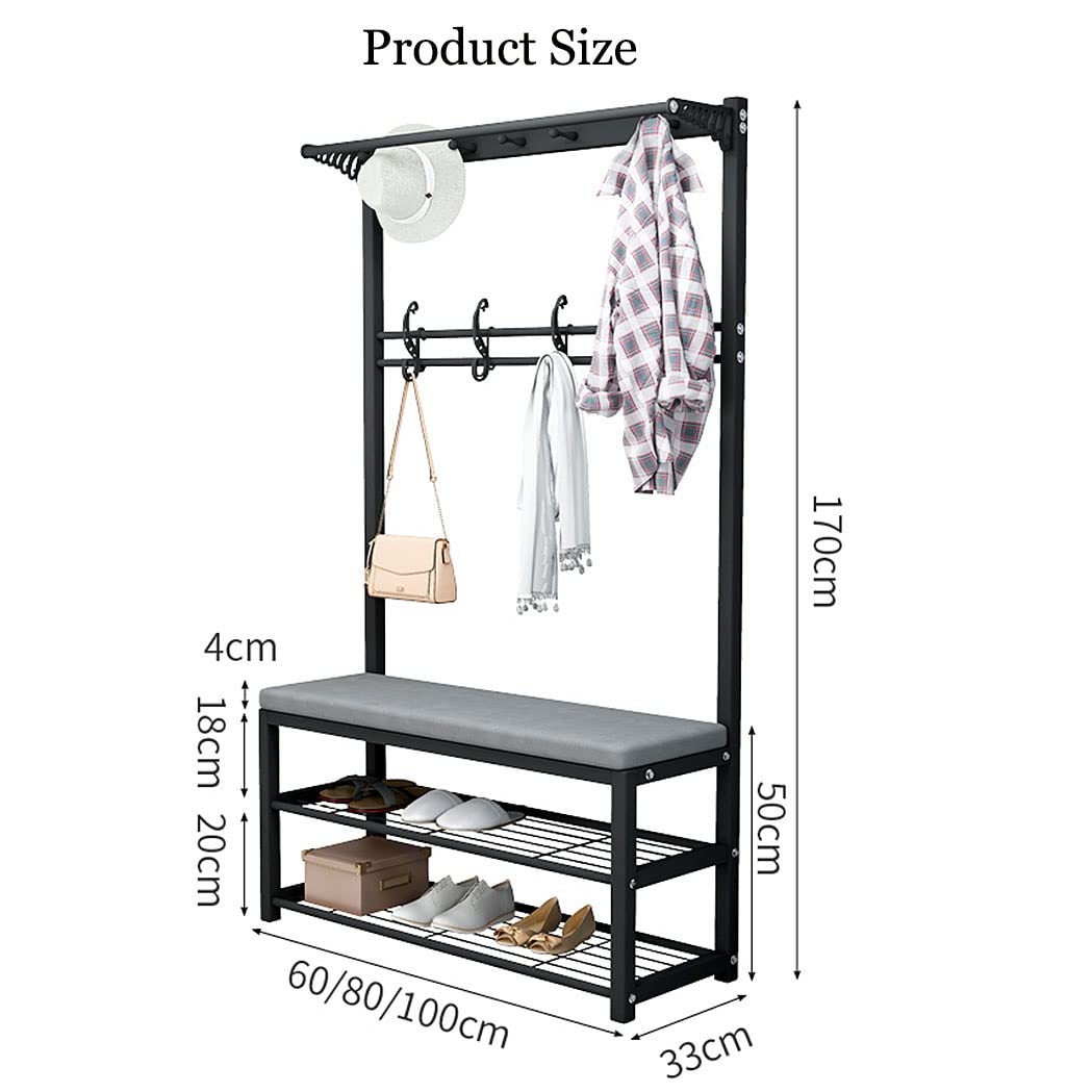 Free Standing Hall Tree with 9 Hooks & 2-Tier Shelves - Coat Rack Shoe Bench for Entryway, Bedroom, Living Room - Sturdy Metal Frame (Black, 100x33x170cm) - Perfect for Organizing Jackets, Shoes & Accessories in Small Spaces