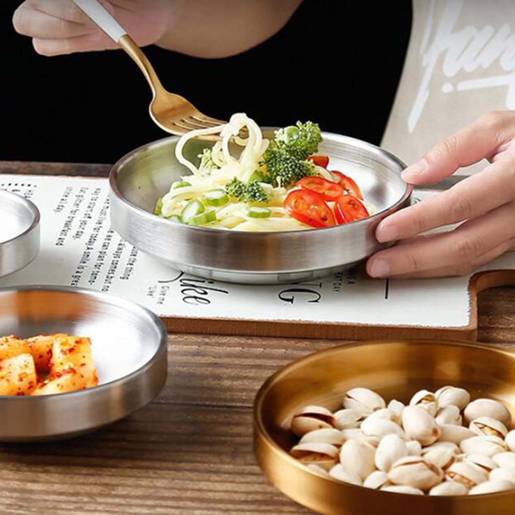 Hemoton 4-Piece Stainless Steel Double Layer Kimchi Bowls - Mixing Bowls for Appetizers, Dips, Sauces & Asian Spices - Perfect for Sushi, Korean Dishes & Food Tasting - Durable Metal Dipping Plates for Home & Restaurant Use