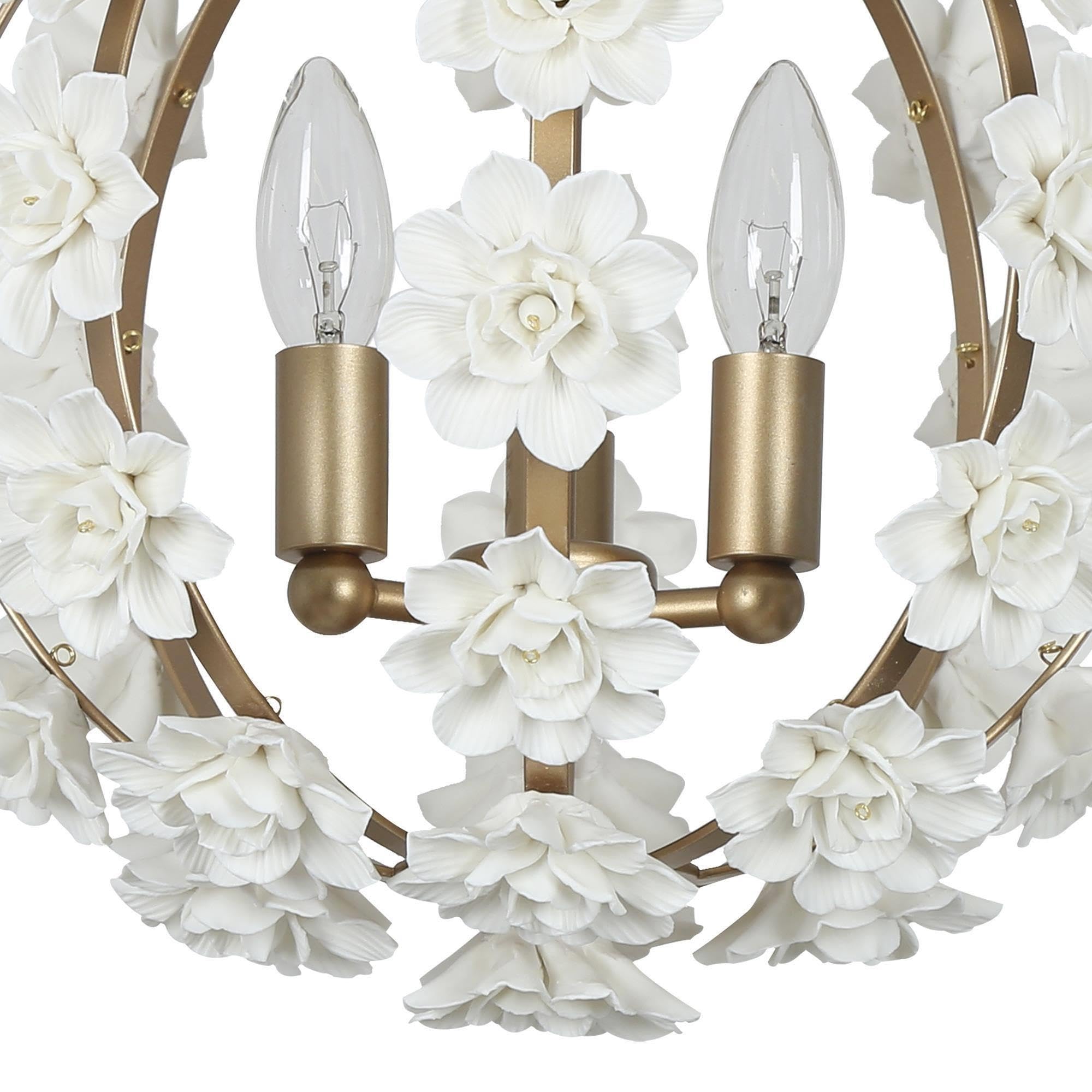 Elegant Gold Chandeliers - 3-Light Orb Ceramic Flower Pendant Lighting Fixture for Dining Room, Living Room, Kitchen | Modern Hanging Light for Home Decor, Wedding, Restaurant & Cafe Ambiance