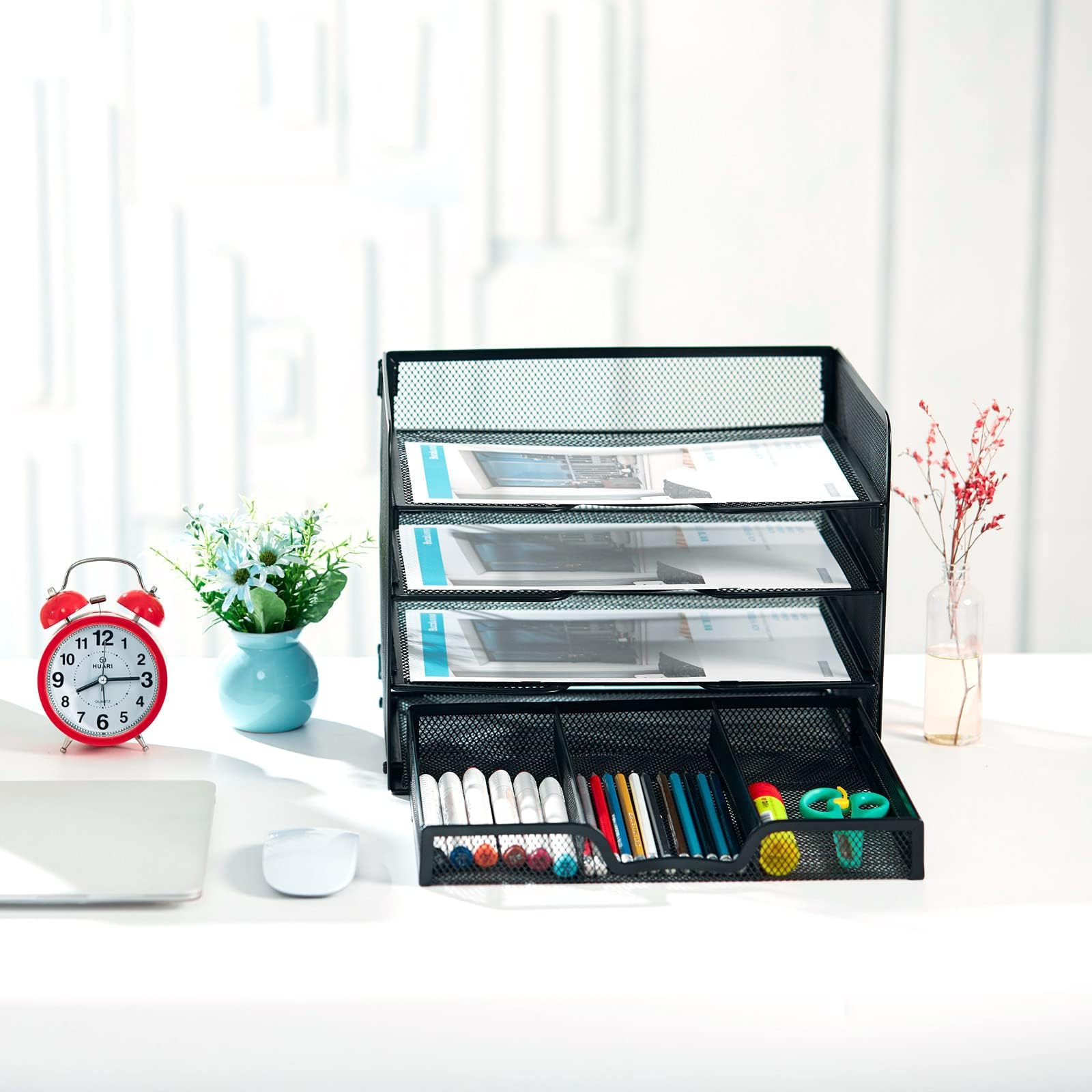 4 Tier Mesh Paper Letter Tray with Sliding Drawer - Black Office File Organizer for Desk, Home & Workplace - Perfect for Mail Sorting, Document Storage & Office Organization