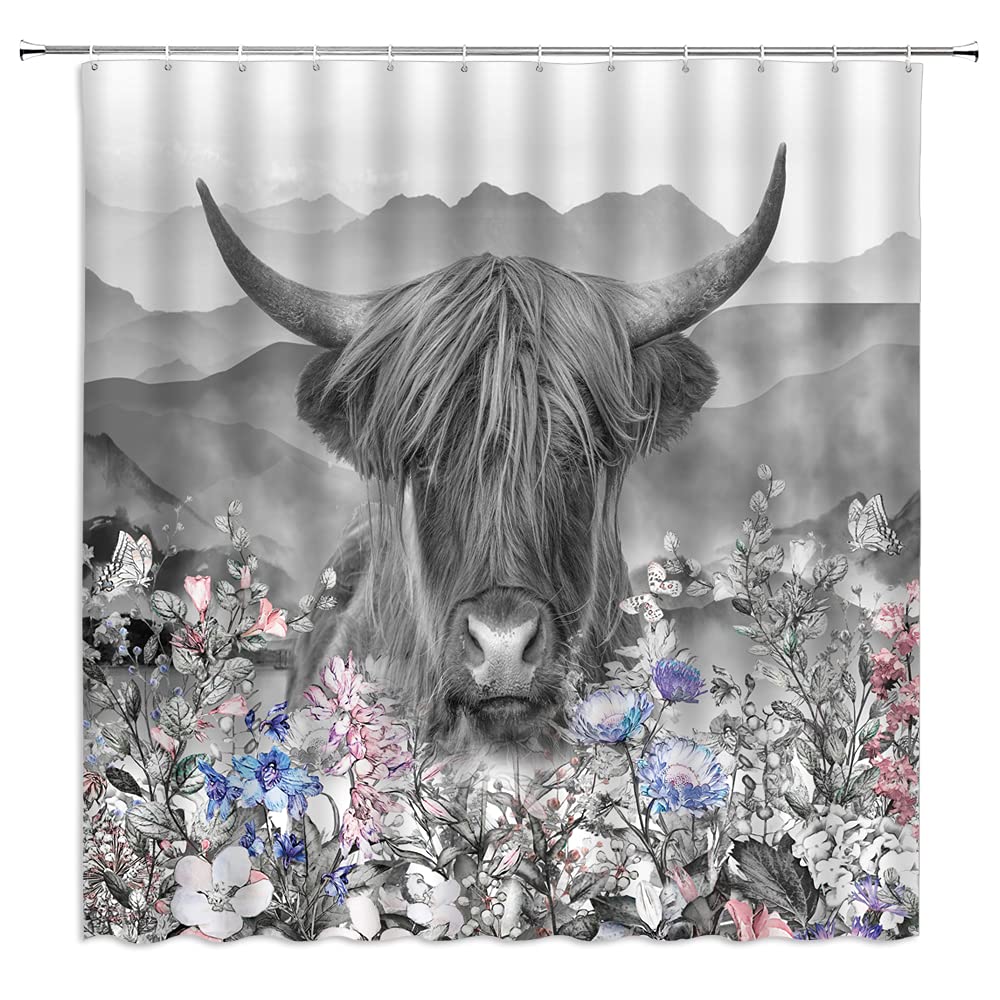 Highland Cow Shower Curtain - Western Wildlife Animal Print with Longhorn Bull Design | Funny Cattle Floral Grass Pattern | Farmhouse Bathroom Decor with Hooks | Perfect for Ranch, Cabin or Country Style Homes