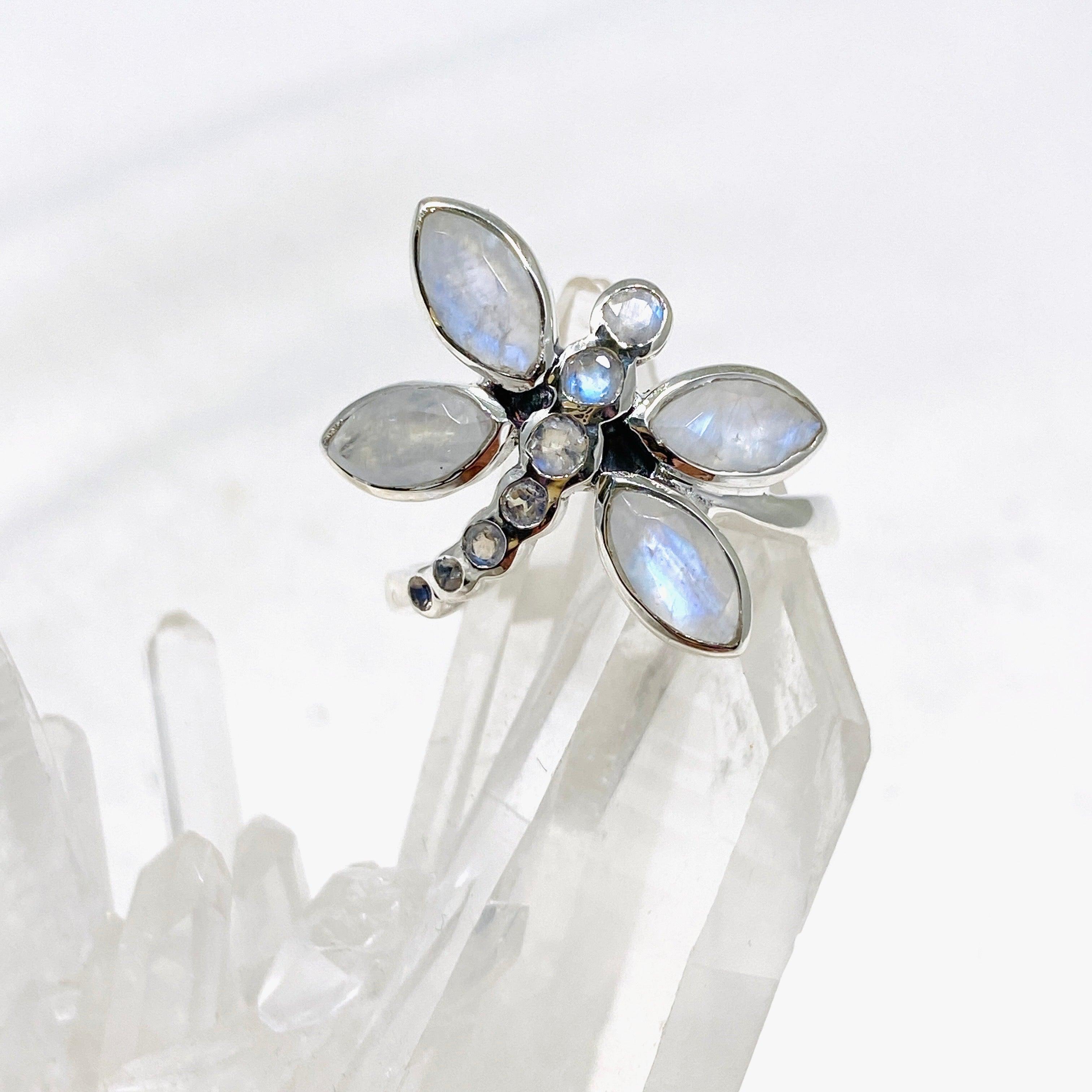 Faceted Moonstone Dragonfly Ring R3887 - Elegant Bohemian Jewelry for Women, Perfect for Weddings, Parties & Everyday Wear