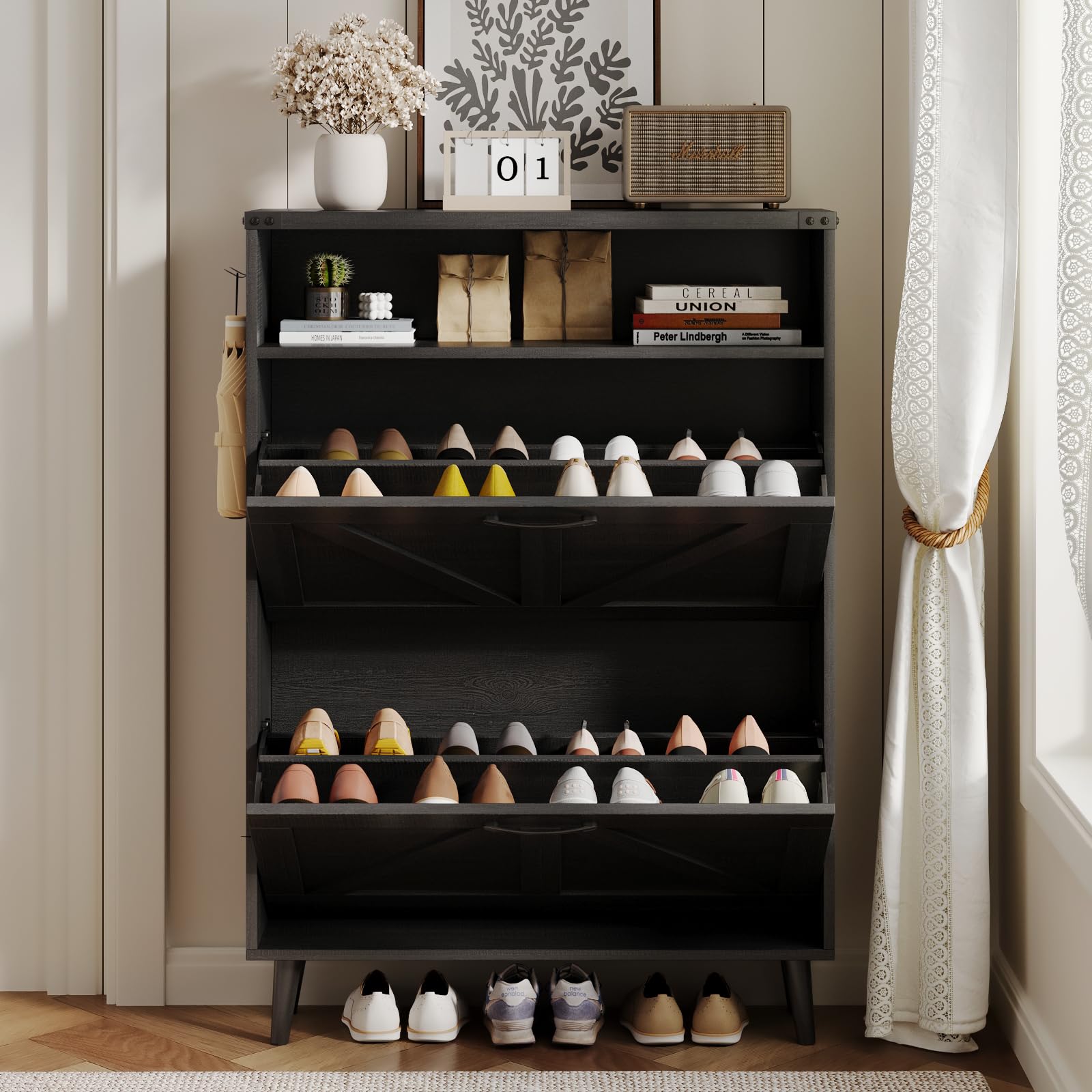 2-Tier Flip-Door Shoe Storage Cabinet - Freestanding Entryway Organizer with Open Shelves & Farmhouse Style Legs - Space-Saving Narrow Shoe Rack for Hallway, Closet or Bedroom (Black)