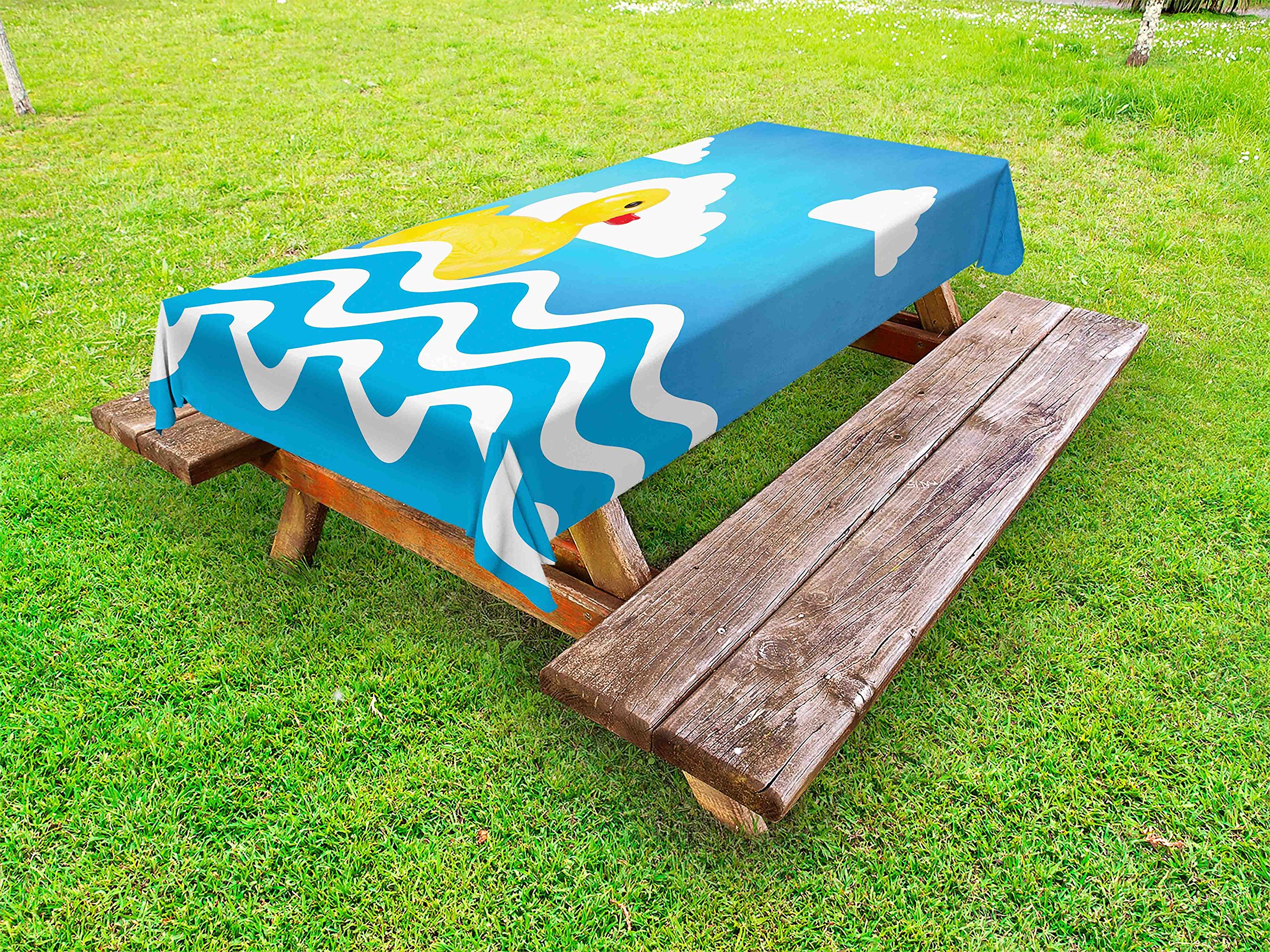 Ambesonne Waterproof Rubber Duck Outdoor Tablecloth - Yellow Kids Toy Design with Wavy Water Stripes & Clouds - Washable Picnic Table Cover 58x84 Inches - Yellow White Blue - Perfect for Backyard BBQs, Beach Parties & Children's Birthday Celebrations