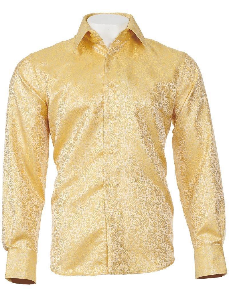 Stylish Long Sleeve Light Gold Paisley Jacquard Shirt for Men | Elegant Printed Dress Shirt | Perfect for Office, Party & Formal Occasions