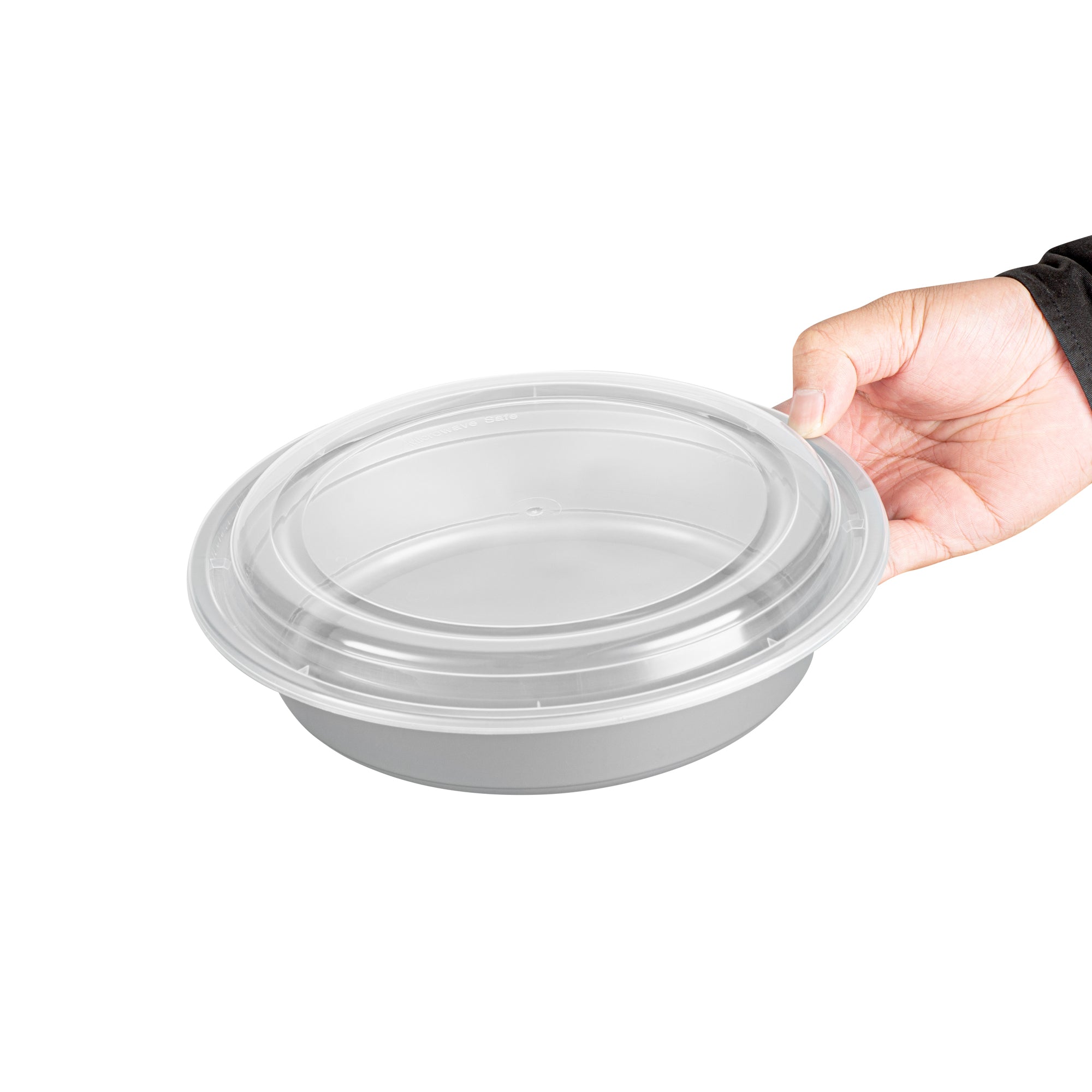 48oz Round Silver Plastic Takeout Containers with Clear Lids - 100 Pack (9