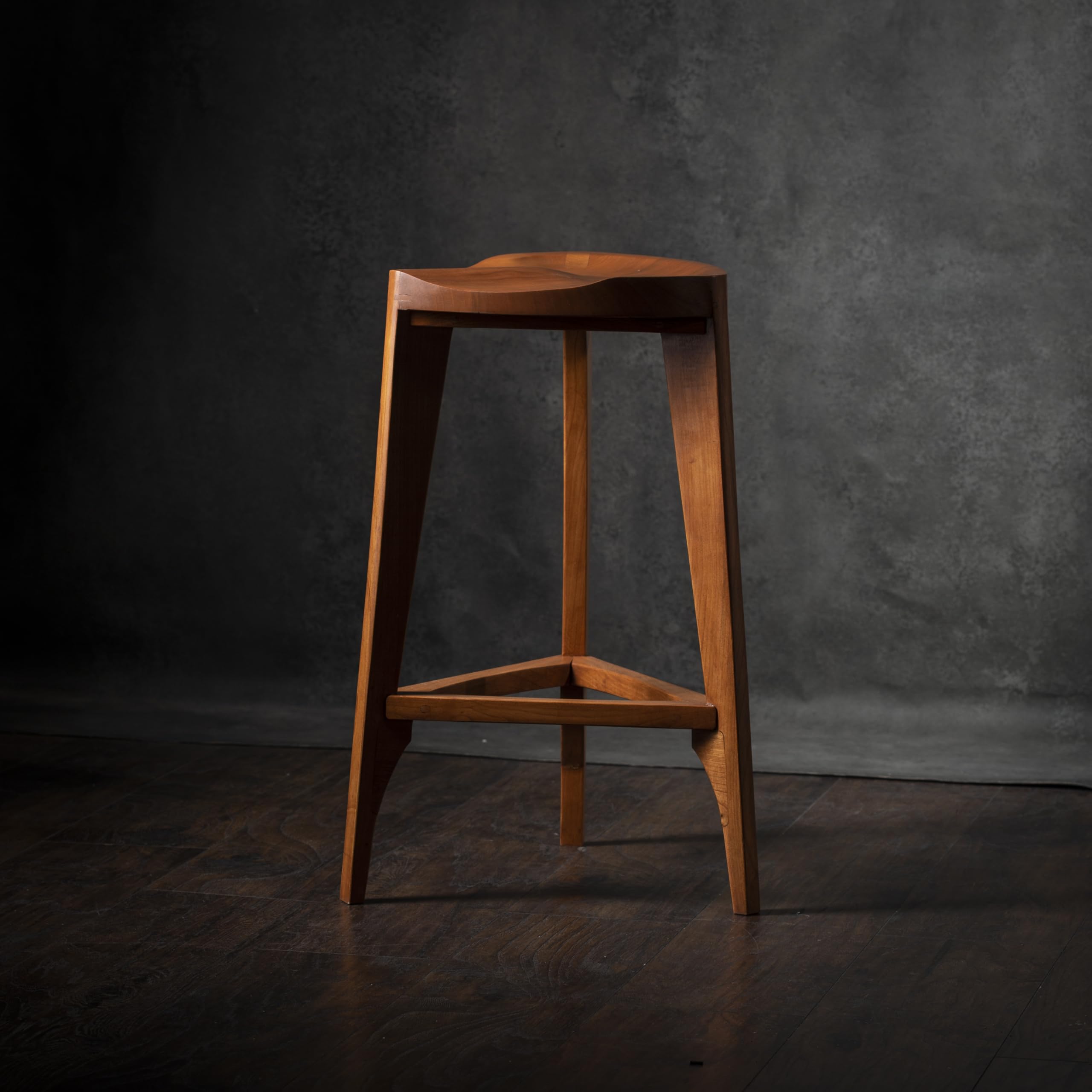Handcrafted Cherry Wood Bar Stool - 3-Legged Counter Stool with Carved Seat - Adjustable Height 24